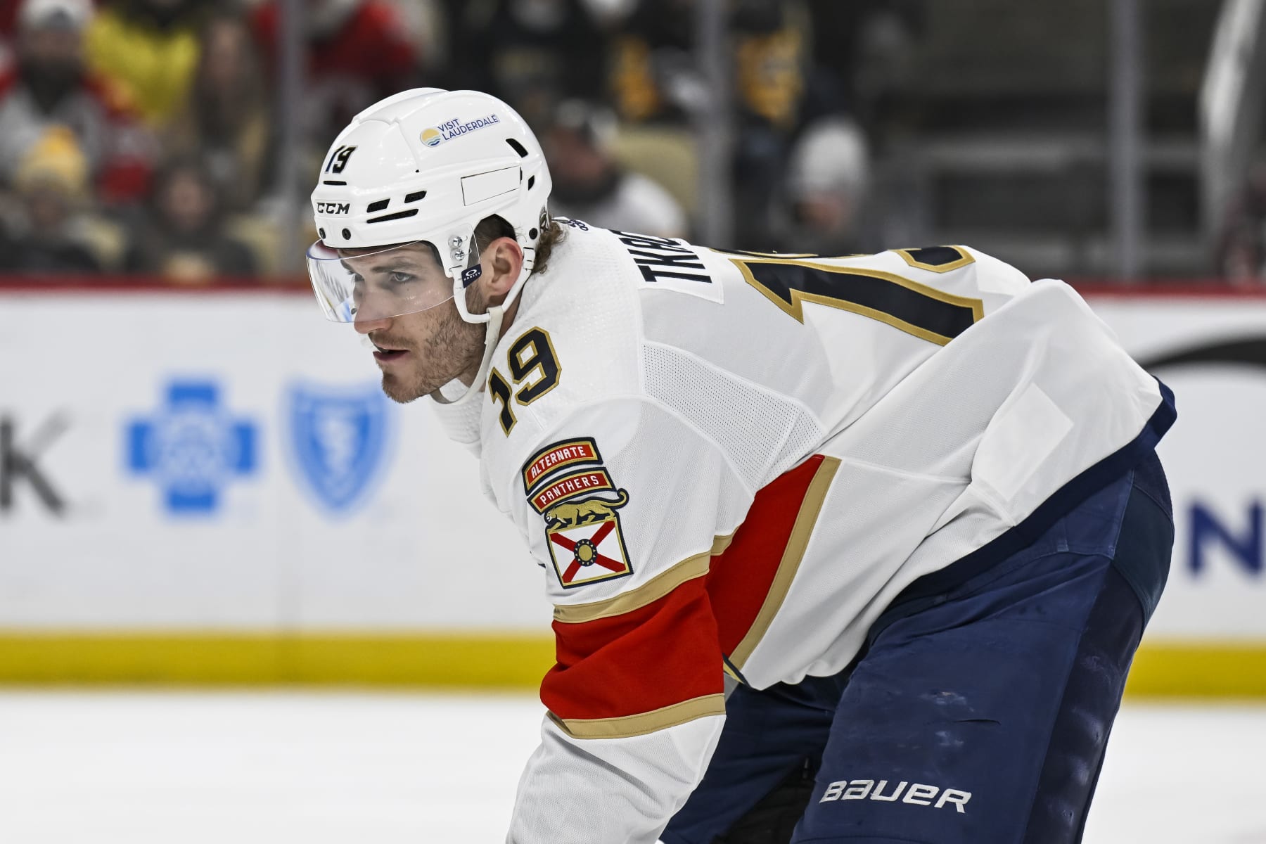 PITTSBURGH, PA - FEBRUARY 14: Florida Panthers left wing Matthew Tkachuk (19) waits for a faceoff during the first period in the NHL game between the Pittsburgh Penguins and the Florida Panthers on February 14, 2024, at PPG Paints Arena in Pittsburgh, PA. (Photo by Jeanine Leech/Icon Sportswire via Getty Images)