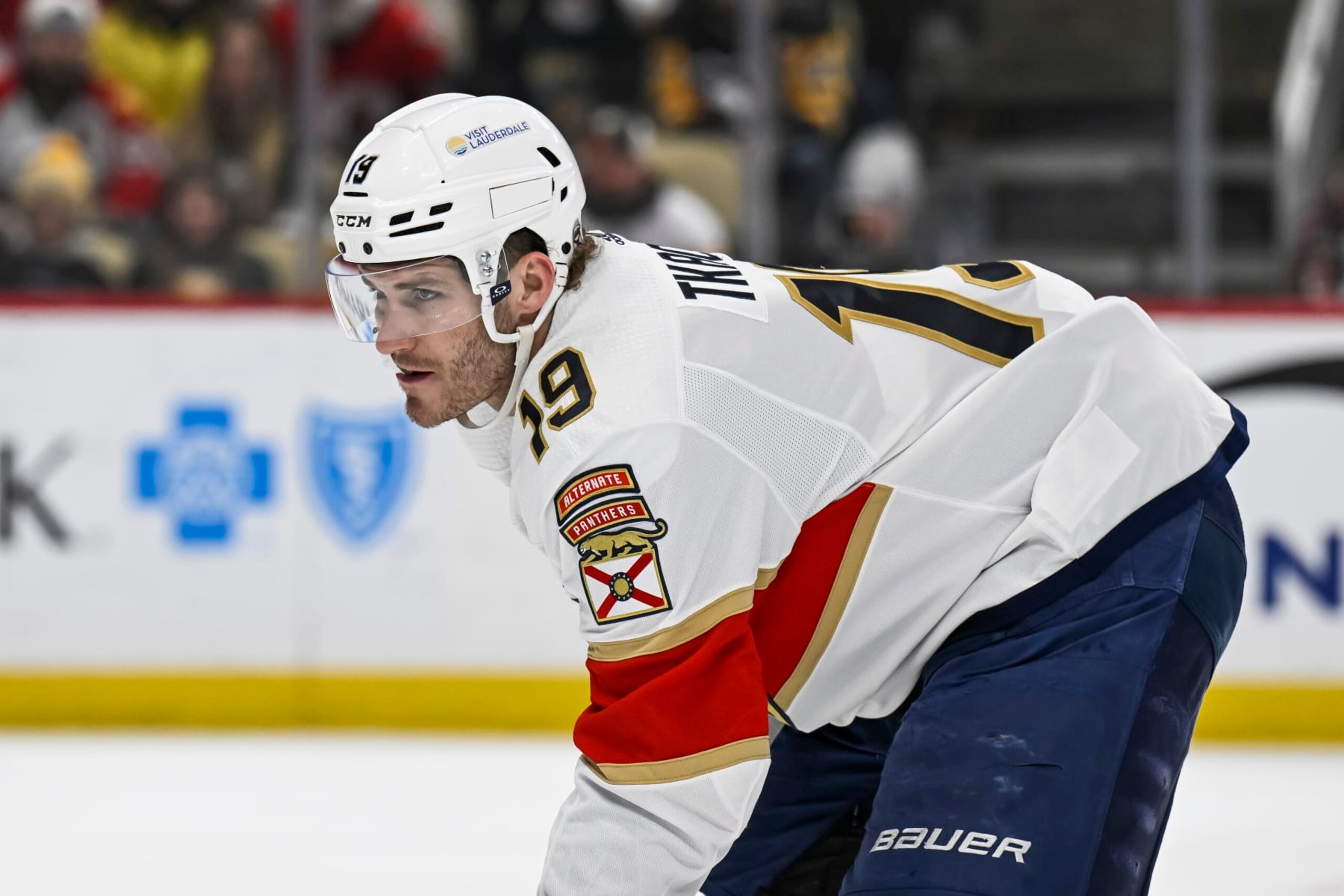 PITTSBURGH, PA - FEBRUARY 14: Florida Panthers left wing Matthew Tkachuk (19) waits for a faceoff during the first period in the NHL game between the Pittsburgh Penguins and the Florida Panthers on February 14, 2024, at PPG Paints Arena in Pittsburgh, PA. (Photo by Jeanine Leech/Icon Sportswire via Getty Images)