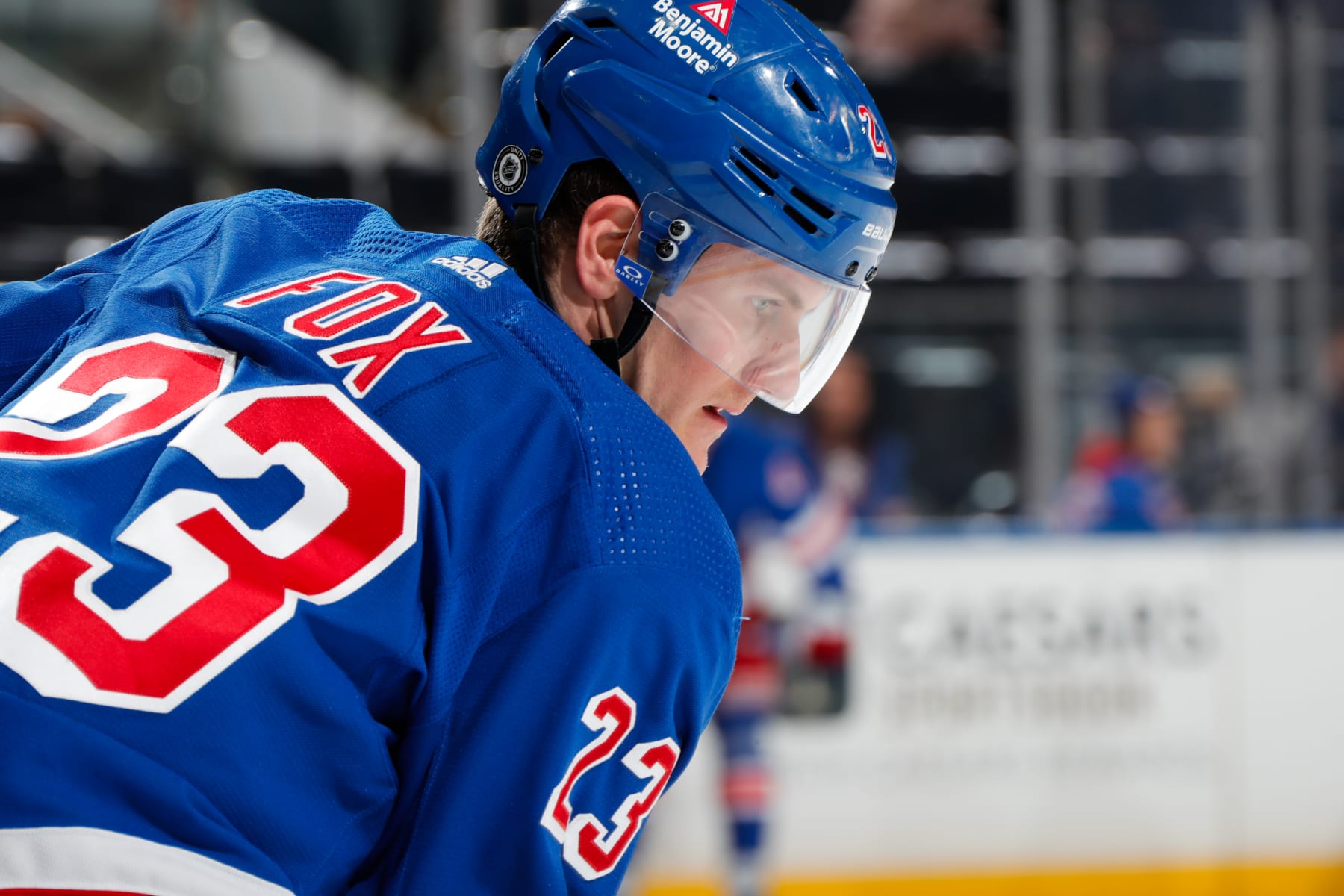 NEW YORK, NEW YORK - FEBRUARY 12:  Adam Fox #23 of the New York Rangers looks on during warmups prior to the game against the Calgary Flames at Madison Square Garden on February 12, 2024 in New York City. (Photo by Jared Silber/NHLI via Getty Images)