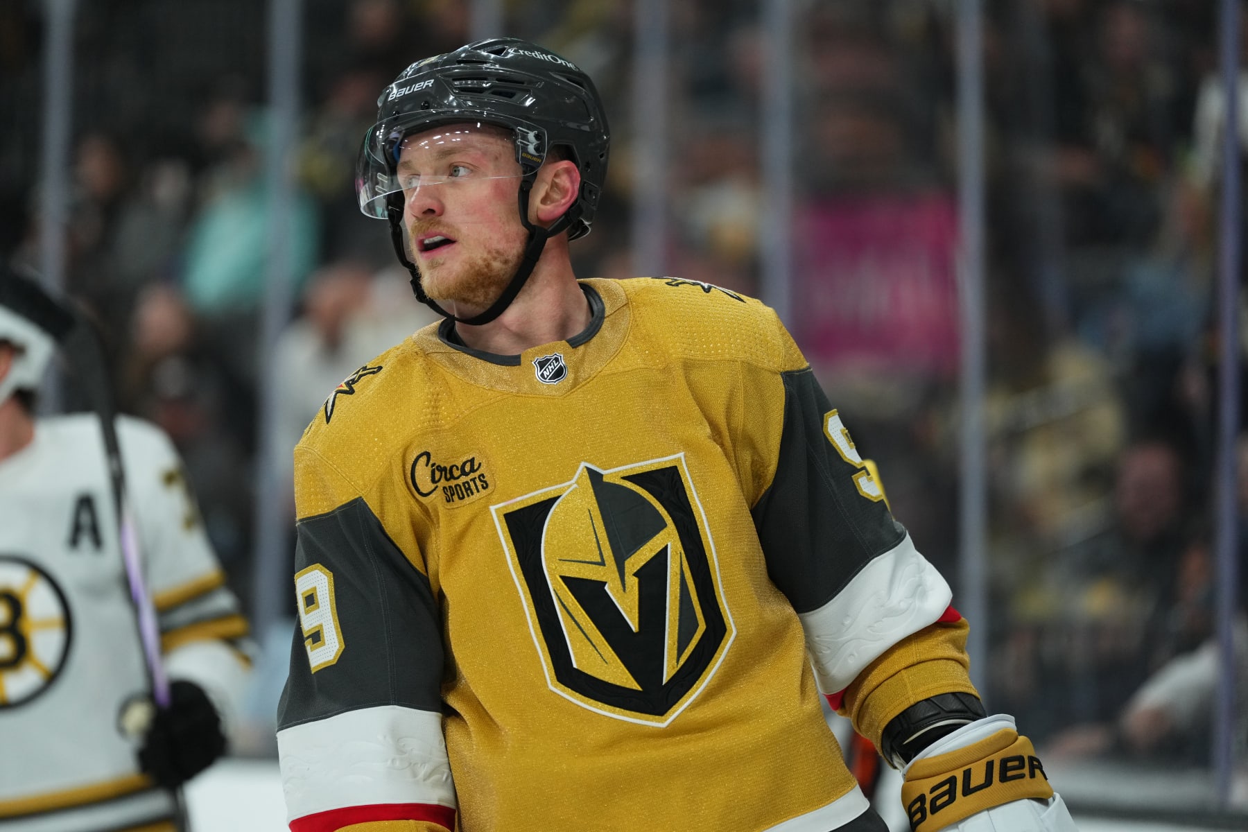 LAS VEGAS, NEVADA - JANUARY 11: Jack Eichel #9 of the Vegas Golden Knights skates during the first period against the Boston Bruins at T-Mobile Arena on January 11, 2024 in Las Vegas, Nevada. (Photo by Jeff Bottari/NHLI via Getty Images)