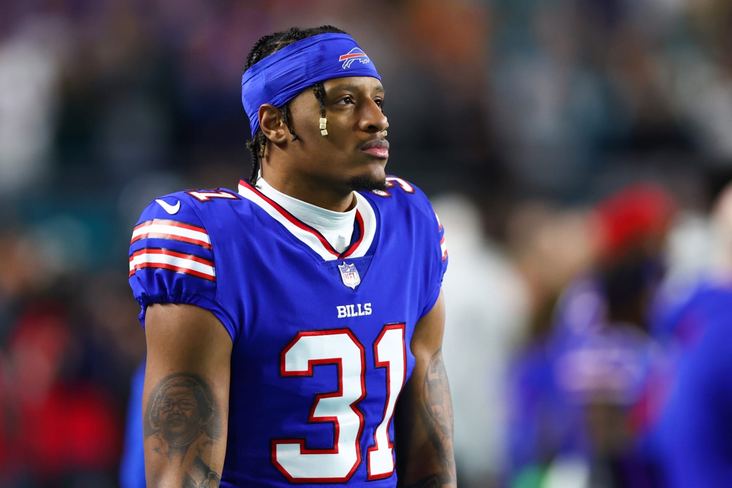 MIAMI GARDENS, FLORIDA - JANUARY 07: Rasul Douglas #31 of the Buffalo Bills looks on prior to a game against the Miami Dolphins at Hard Rock Stadium on January 07, 2024 in Miami Gardens, Florida. (Photo by Megan Briggs/Getty Images)
