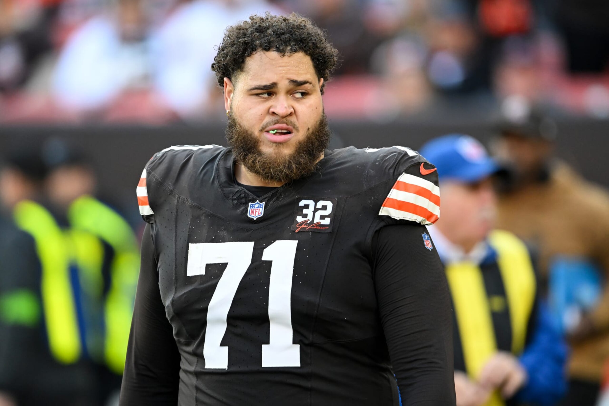 CLEVELAND, OHIO - NOVEMBER 05: Jedrick Wills Jr. #71 of the Cleveland Browns looks on at halftime against the Arizona Cardinals at Cleveland Browns Stadium on November 05, 2023 in Cleveland, Ohio. (Photo by Nick Cammett/Diamond Images via Getty Images)