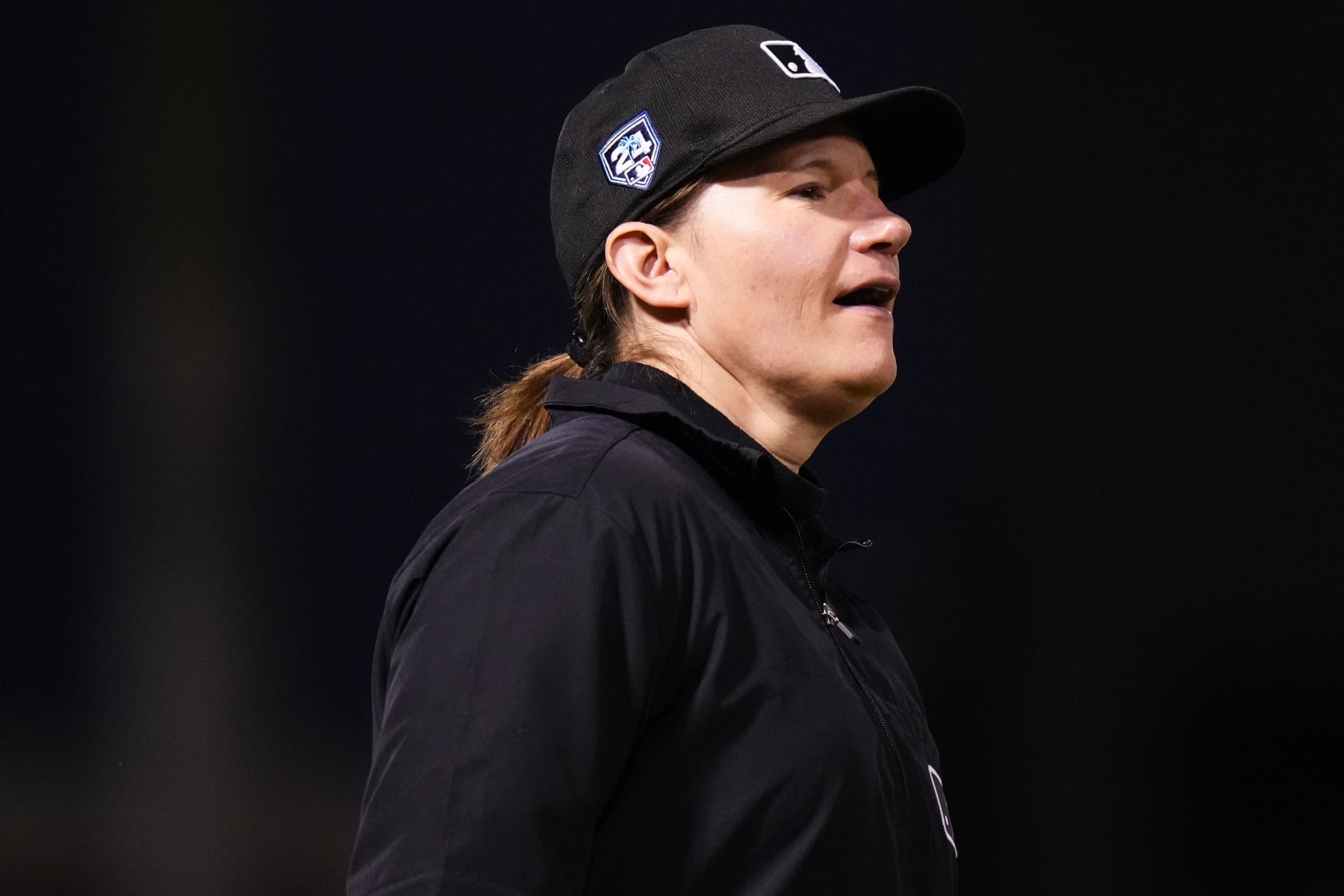 WEST PALM BEACH, FLORIDA - FEBRUARY 24: Umpire Jen Pawol officiates a spring training game between the Washington Nationals and the Houston Astros at CACTI Park of the Palm Beaches on February 24, 2024 in West Palm Beach, Florida. (Photo by Rich Storry/Getty Images)
