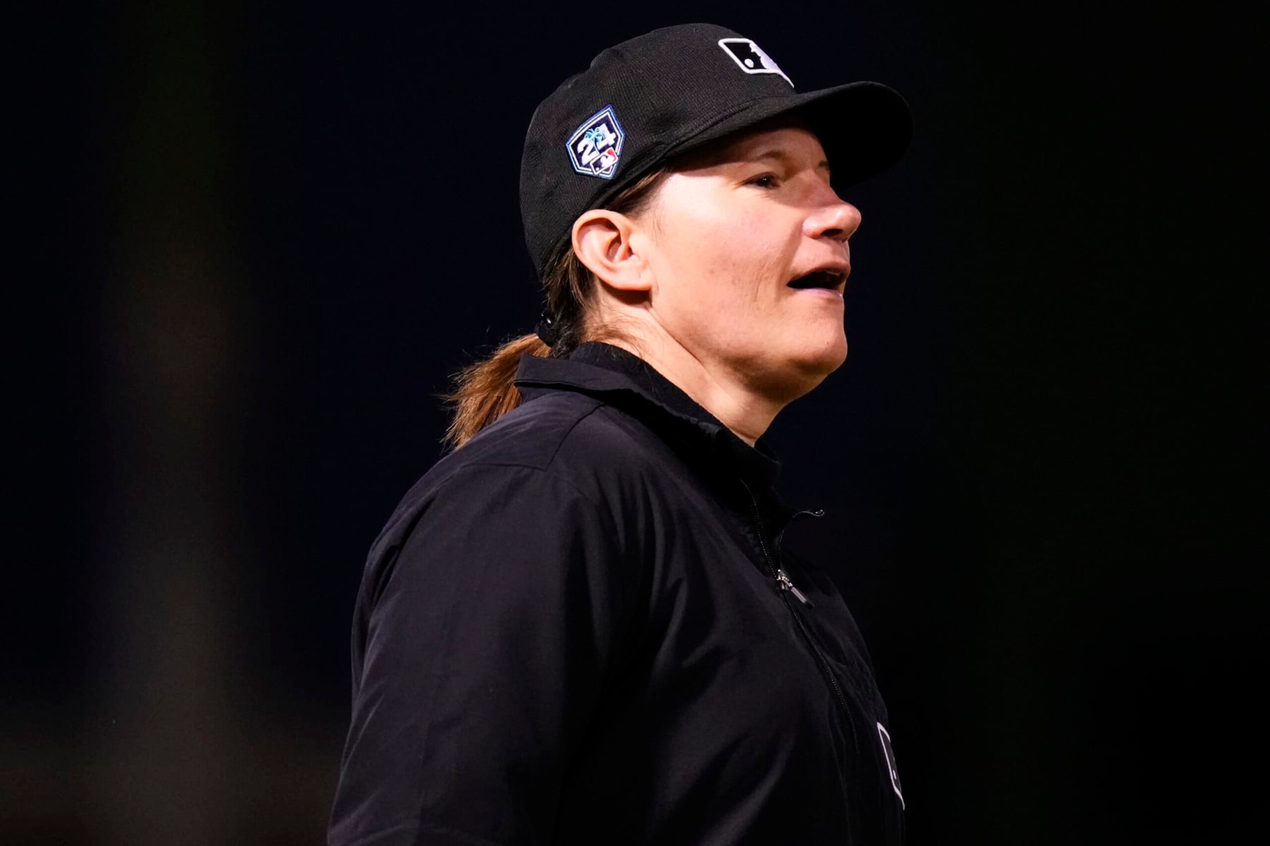 WEST PALM BEACH, FLORIDA - FEBRUARY 24: Umpire Jen Pawol officiates a spring training game between the Washington Nationals and the Houston Astros at CACTI Park of the Palm Beaches on February 24, 2024 in West Palm Beach, Florida. (Photo by Rich Storry/Getty Images)