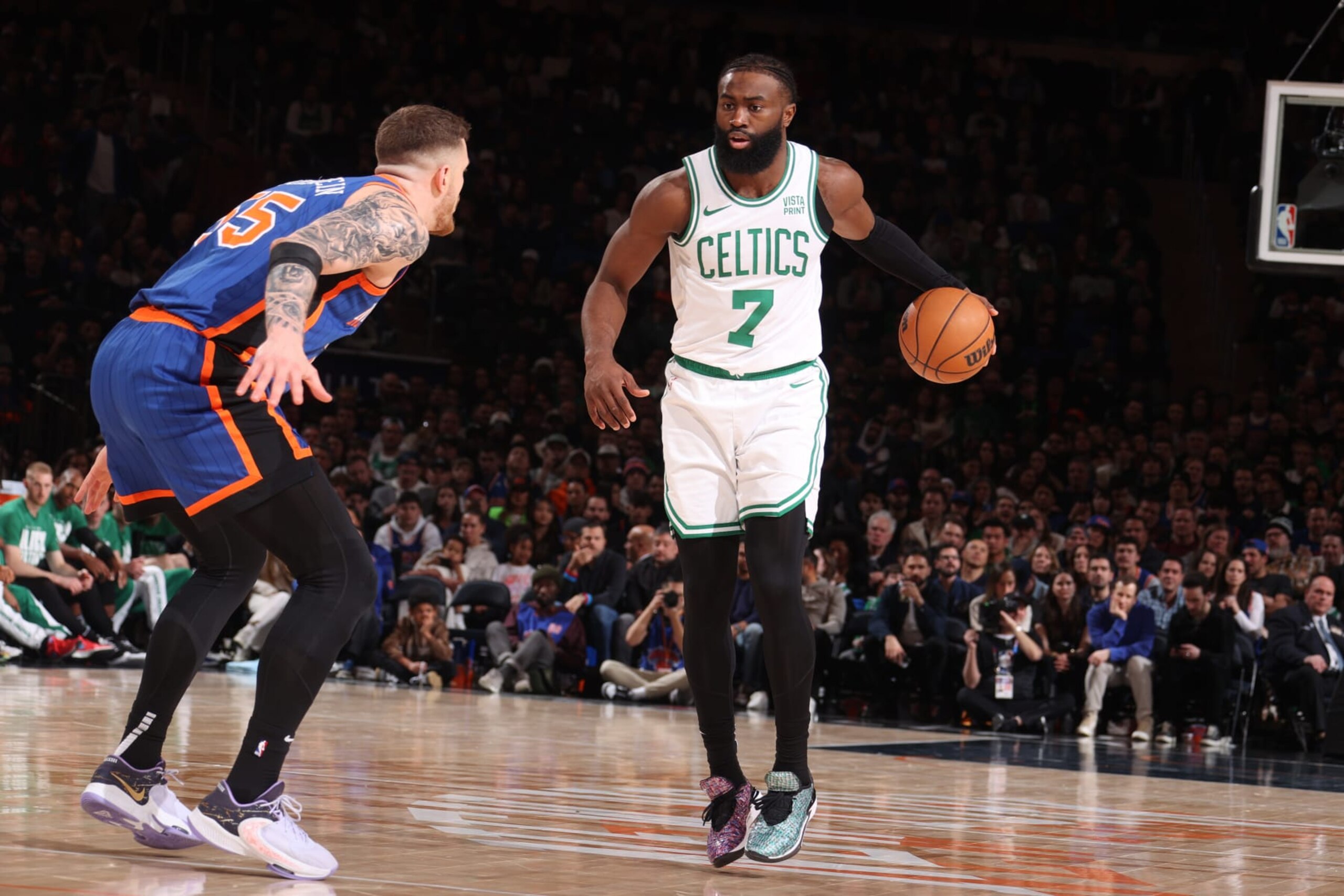NEW YORK, NY - FEBRUARY 24: Jaylen Brown #7 of the Boston Celtics dribbles the ball during the game against the New York Knicks on February 24, 2024 at Madison Square Garden in New York City, New York.  NOTE TO USER: User expressly acknowledges and agrees that, by downloading and or using this photograph, User is consenting to the terms and conditions of the Getty Images License Agreement. Mandatory Copyright Notice: Copyright 2024 NBAE  (Photo by Nathaniel S. Butler/NBAE via Getty Images)