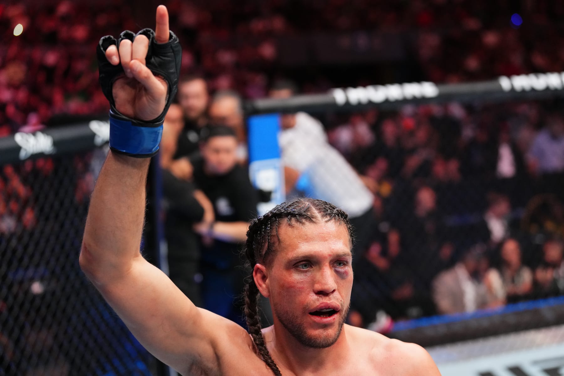 MEXICO CITY, MEXICO - FEBRUARY 24: Brian Ortega reacts after defeating Yair Rodriguez of Mexico in a featherweight fight during the UFC Fight Night event at Arena CDMX on February 24, 2024 in Mexico City, Mexico. (Photo by Josh Hedges/Zuffa LLC via Getty Images)