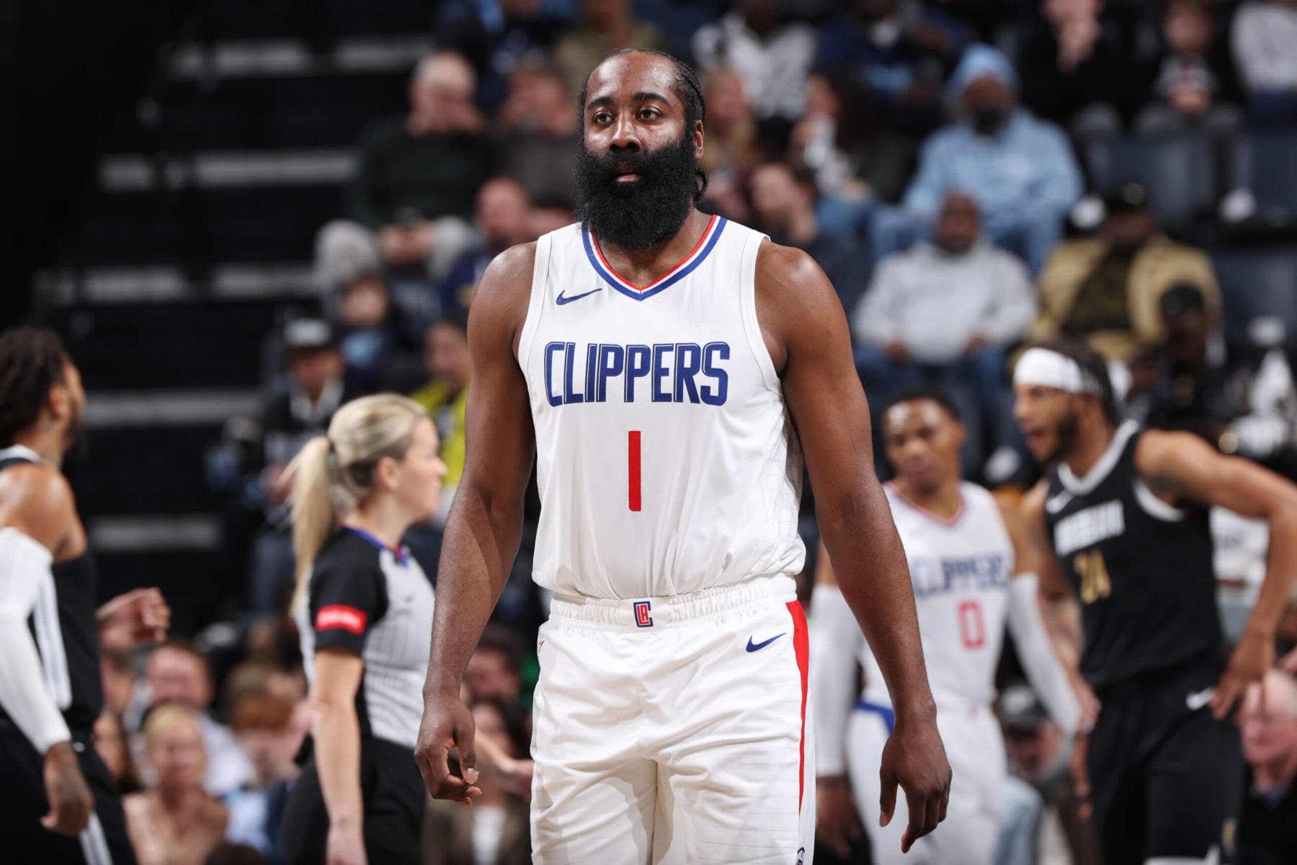 MEMPHIS, TN - FEBRUARY 23: James Harden #1 of the LA Clippers looks on during the game against the Memphis Grizzlies on February 23, 2024 at FedExForum in Memphis, Tennessee. NOTE TO USER: User expressly acknowledges and agrees that, by downloading and or using this photograph, User is consenting to the terms and conditions of the Getty Images License Agreement. Mandatory Copyright Notice: Copyright 2024 NBAE (Photo by Joe Murphy/NBAE via Getty Images)