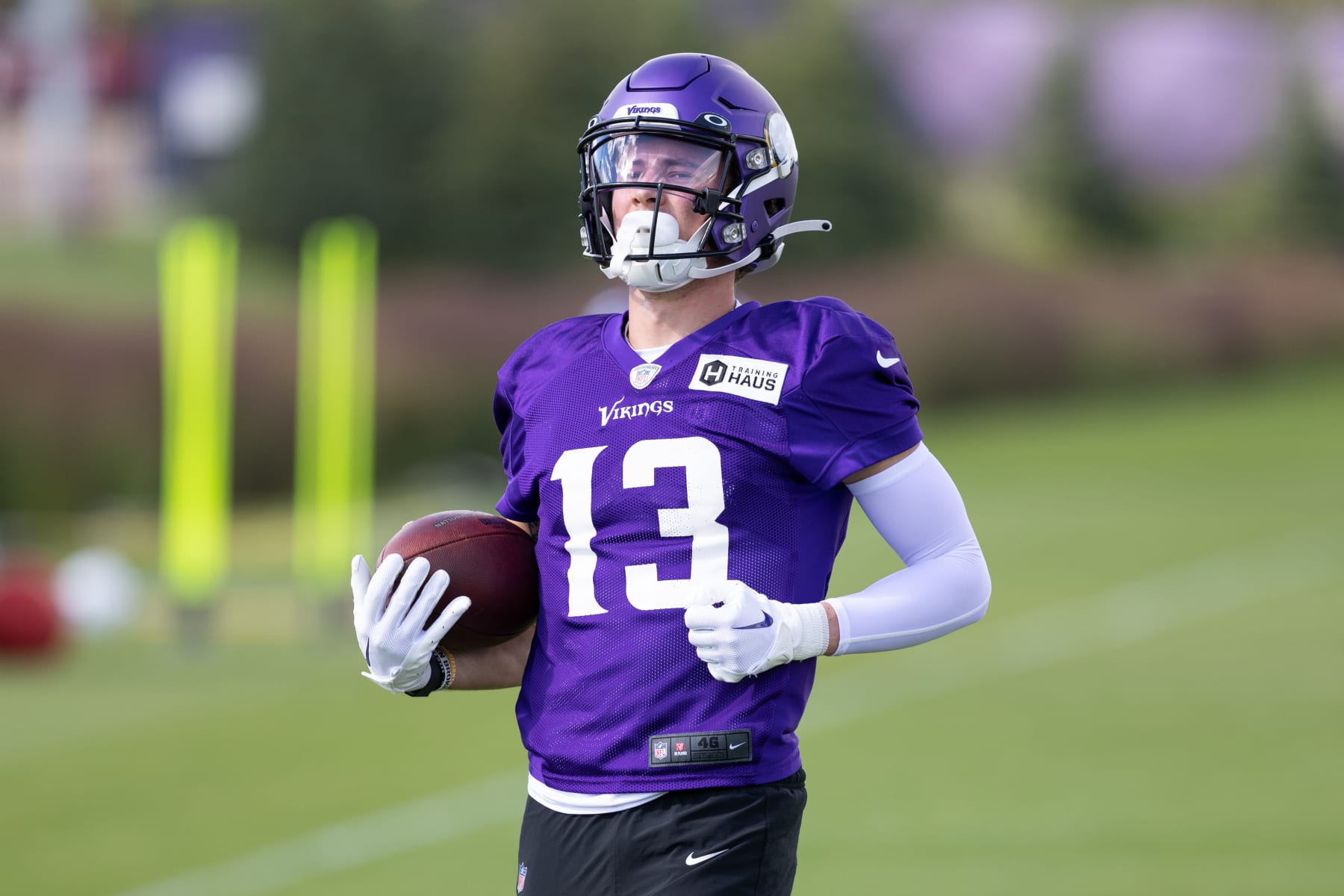 EAGAN, MN - AUGUST 12: Minnesota Vikings wide receiver Blake Proehl (13) runs with the ball during Minnesota Vikings Training Camp at TCO Performance Center on August 12, 2023 in Eagan, Minnesota. (Photo by Bailey Hillesheim/Icon Sportswire via Getty Images)