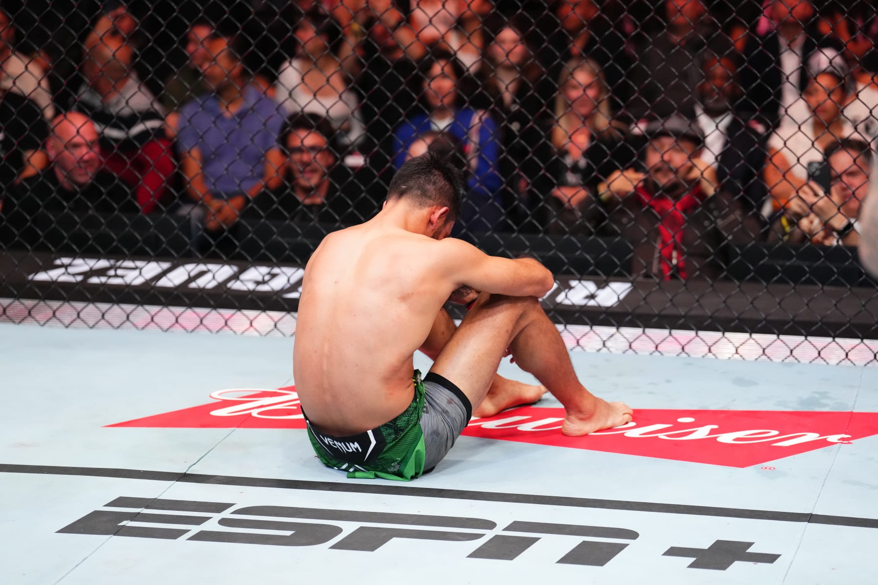 Yair Rodriguez reacts after being submitted by Brian Ortega.