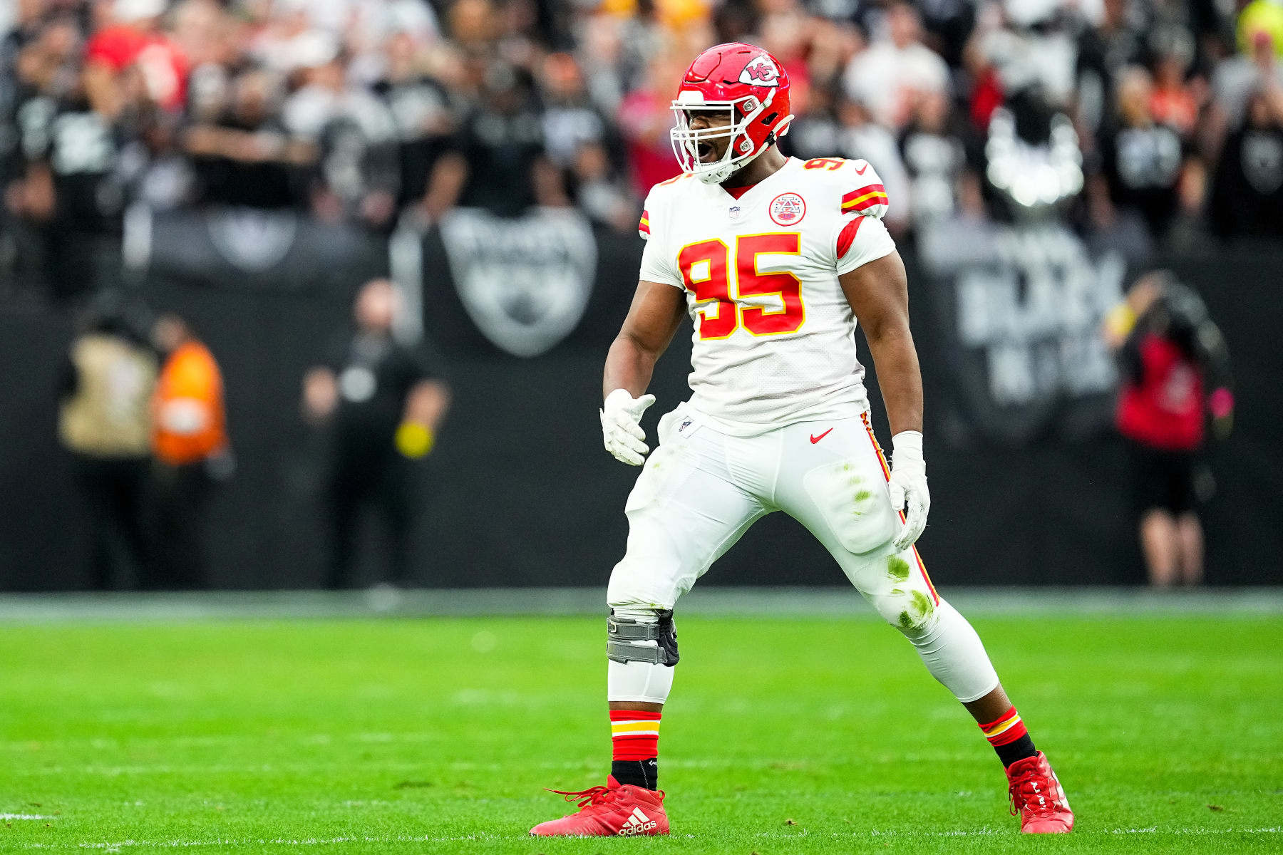 LAS VEGAS, NEVADA - JANUARY 07: Chris Jones #95 of the Kansas City Chiefs reacts after a sack against the Las Vegas Raiders during the first quarter of the game at Allegiant Stadium on January 07, 2023 in Las Vegas, Nevada. (Photo by Chris Unger/Getty Images)