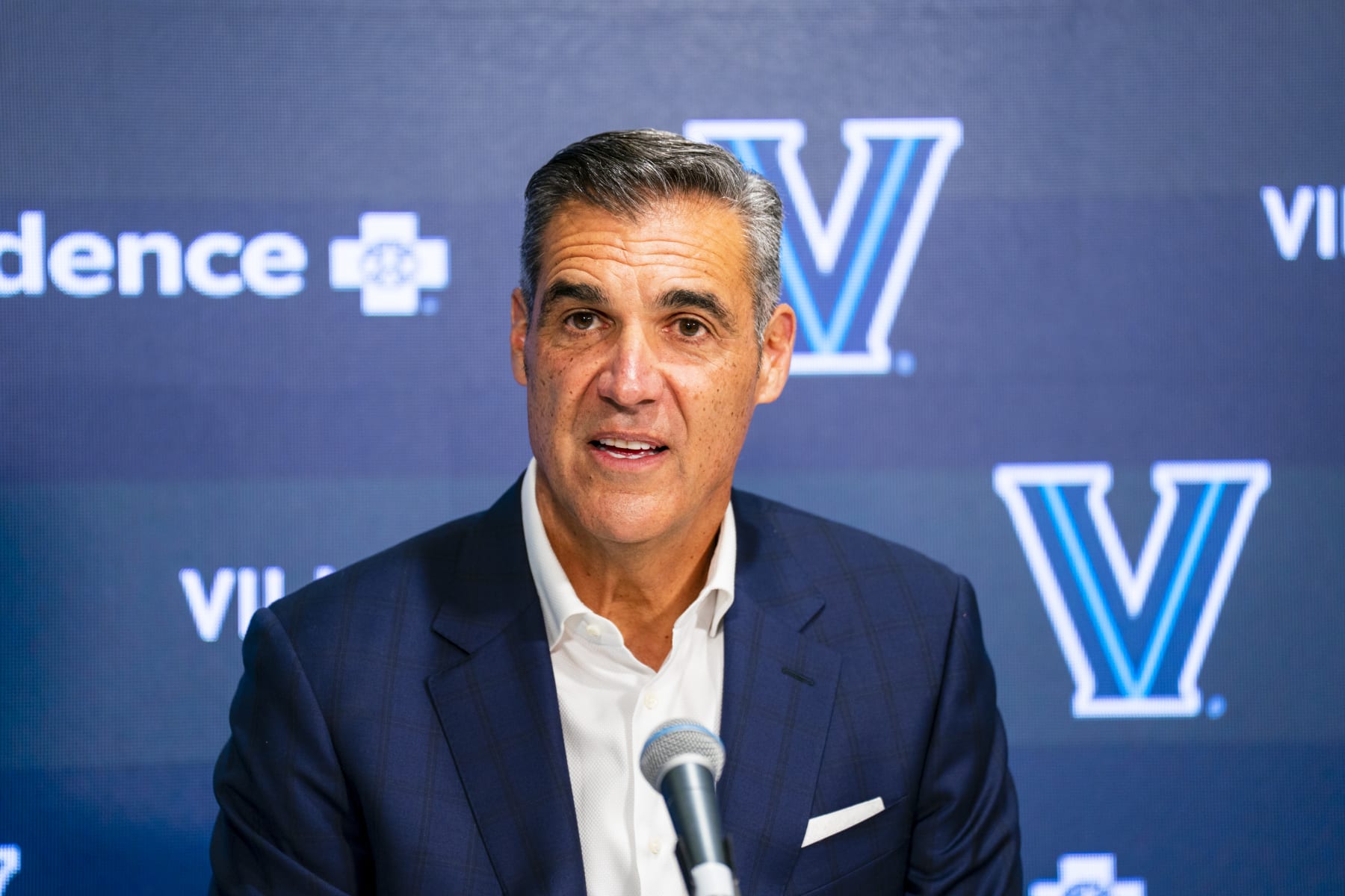 VILLANOVA, PA - FEBRUARY 8: Jay Wright, former Head Coach of Villanova Mens Basketball  talks to the media after Jalen Brunsons jersey retirement on February 8, 2023 at Finneran Pavilion in Villanova, Pennsylvania. NOTE TO USER: User expressly acknowledges and agrees that, by downloading and/or using this Photograph, user is consenting to the terms and conditions of the Getty Images License Agreement. Mandatory Copyright Notice: Copyright 2023 NBAE (Photo by Mary Kate Ridgway/NBAE via Getty Images)