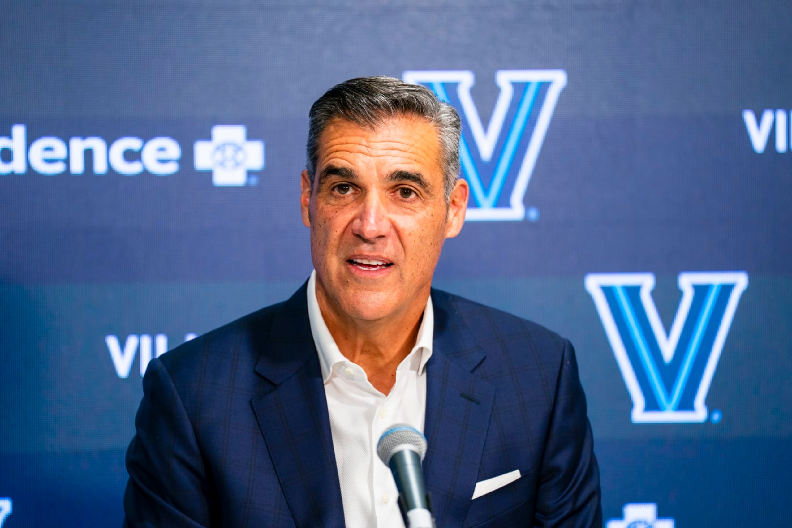 VILLANOVA, PA - FEBRUARY 8: Jay Wright, former Head Coach of Villanova Mens Basketball  talks to the media after Jalen Brunsons jersey retirement on February 8, 2023 at Finneran Pavilion in Villanova, Pennsylvania. NOTE TO USER: User expressly acknowledges and agrees that, by downloading and/or using this Photograph, user is consenting to the terms and conditions of the Getty Images License Agreement. Mandatory Copyright Notice: Copyright 2023 NBAE (Photo by Mary Kate Ridgway/NBAE via Getty Images)