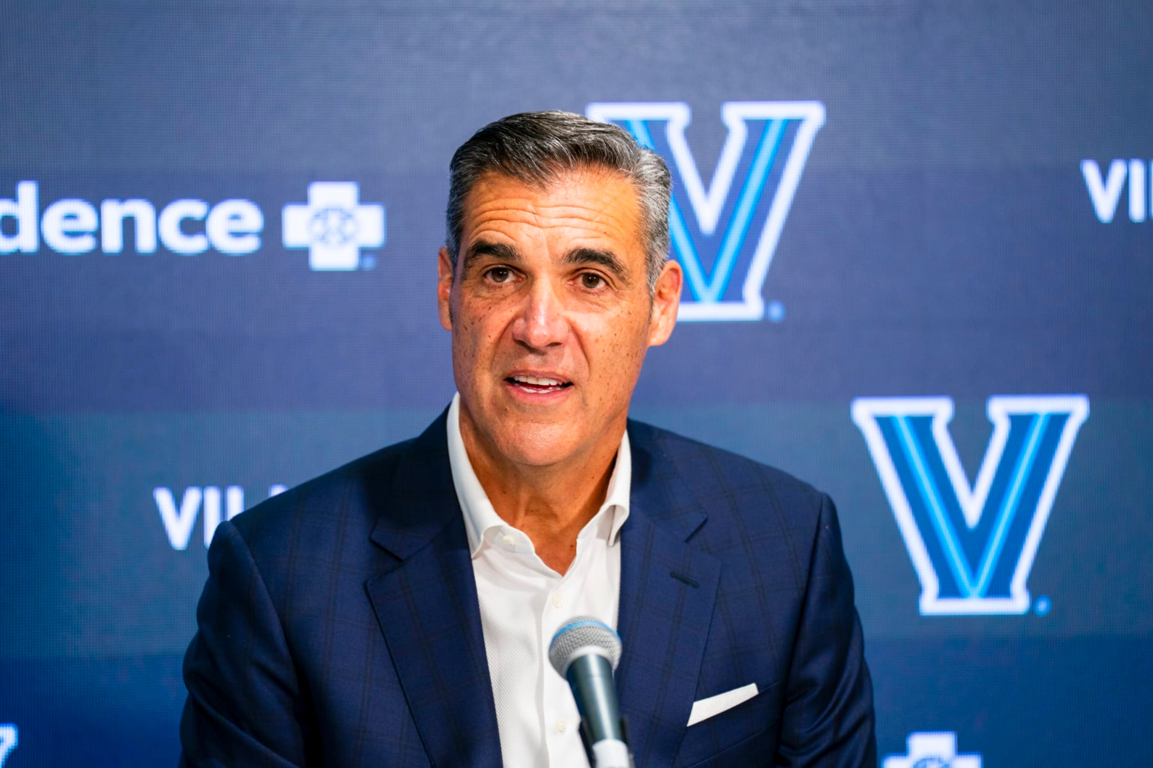 VILLANOVA, PA - FEBRUARY 8: Jay Wright, former Head Coach of Villanova Mens Basketball talks to the media after Jalen Brunsons jersey retirement on February 8, 2023 at Finneran Pavilion in Villanova, Pennsylvania. NOTE TO USER: User expressly acknowledges and agrees that, by downloading and/or using this Photograph, user is consenting to the terms and conditions of the Getty Images License Agreement. Mandatory Copyright Notice: Copyright 2023 NBAE (Photo by Mary Kate Ridgway/NBAE via Getty Images) VILLANOVA, PA - FEBRUARY 8: Jay Wright, former Head Coach of Villanova Mens Basketball talks to the media after Jalen Brunsons jersey retirement on February 8, 2023 at Finneran Pavilion in Villanova, Pennsylvania. NOTE TO USER: User expressly acknowledges and agrees that, by downloading and/or using this Photograph, user is consenting to the terms and conditions of the Getty Images License Agreement. Mandatory Copyright Notice: Copyright 2023 NBAE (Photo by Mary Kate Ridgway/NBAE via Getty Images)
