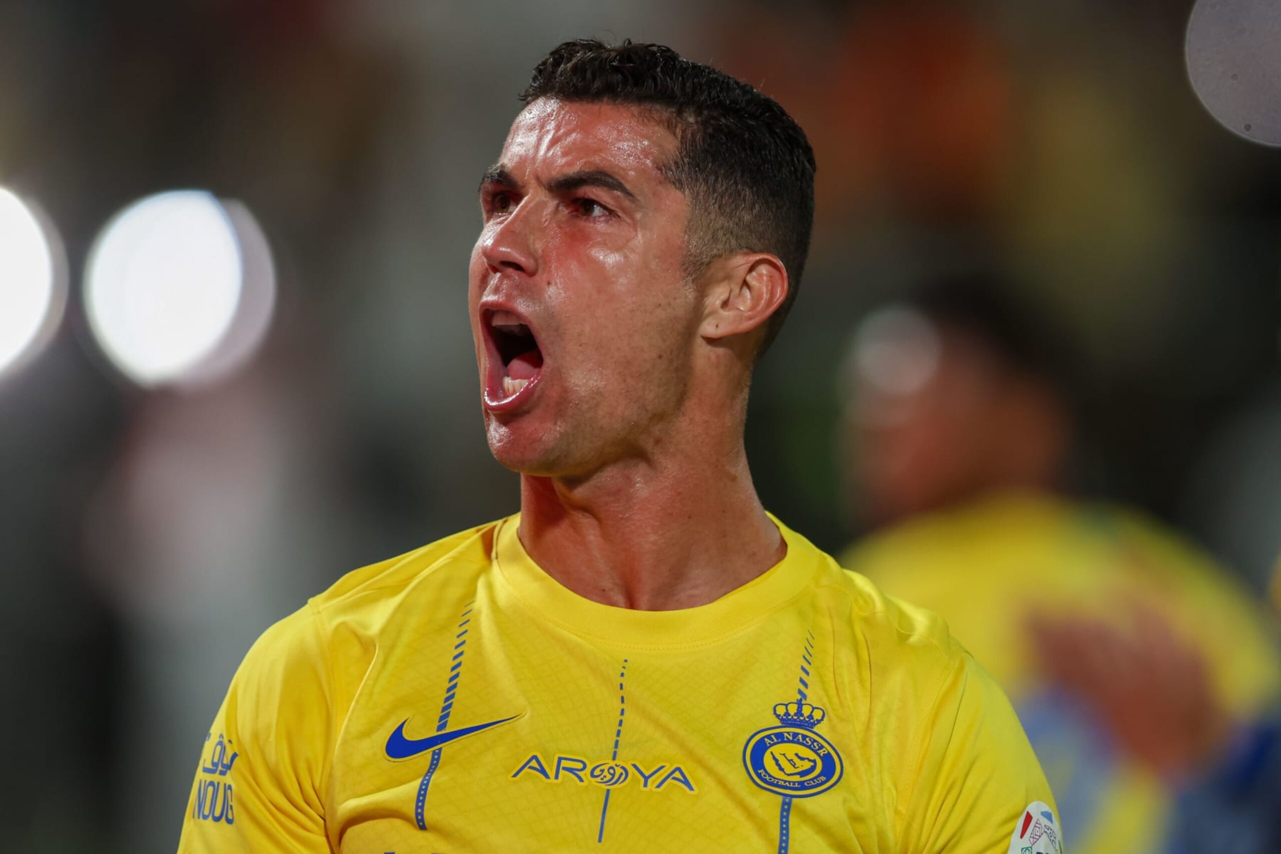 RIYADH, SAUDI ARABIA - FEBRUARY 25: Cristiano Ronaldo of Al Nassr celebrates after scoring the 1st goal during the Saudi Pro League match between Al-Shabab and Al-Nassr at Al-Shabab Club Stadium on February 25, 2024 in Riyadh, Saudi Arabia. (Photo by Yasser Bakhsh/Getty Images)