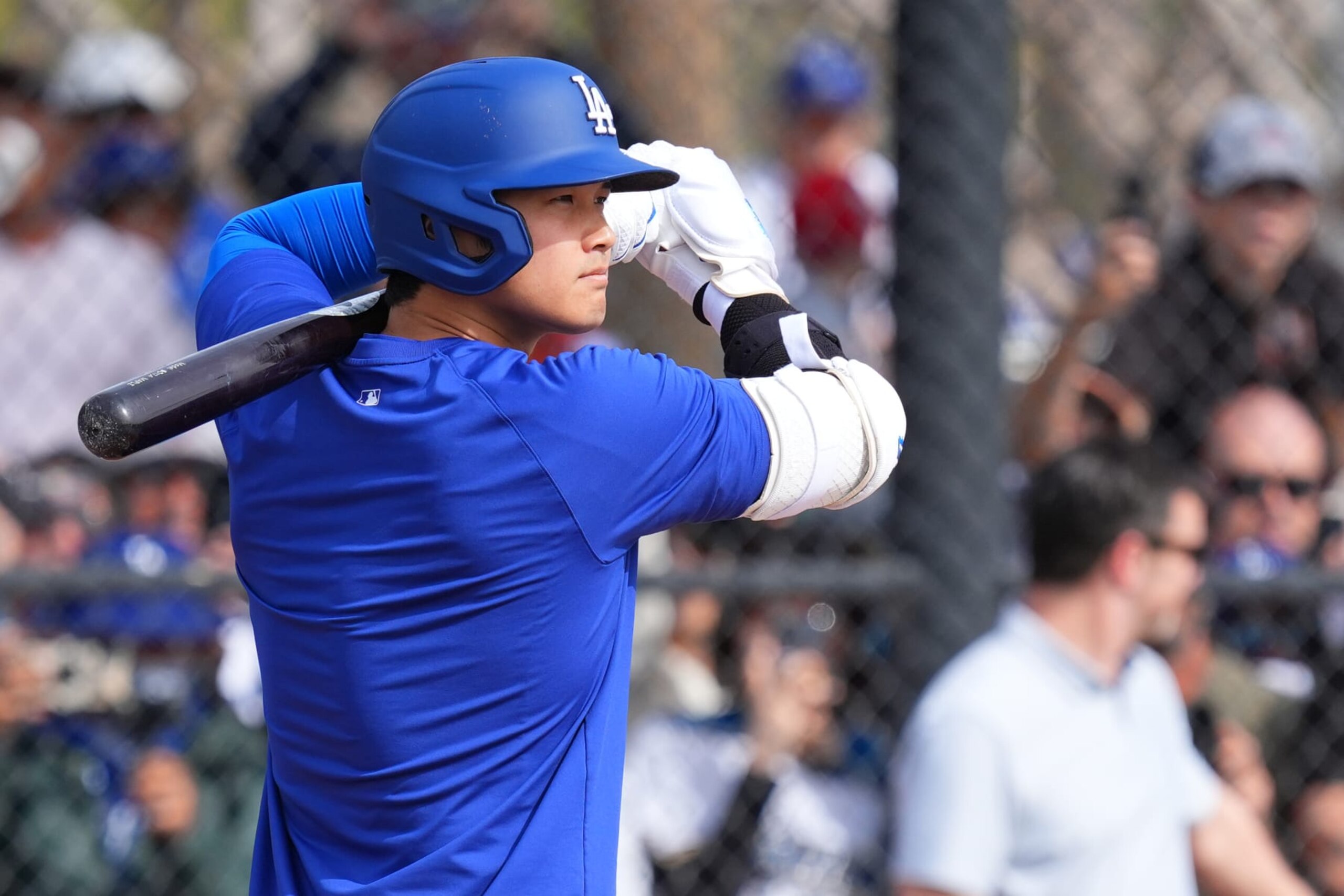GLENDALE, ARIZONA - FEBRUARY 23: Shohei Ohtani of the Los Angeles Dodgers at bat prior to a spring training game against the San Diego Padres at the Camelback Ranch on February 23, 2024 in Glendale, Arizona. (Photo by Masterpress/Getty Images)