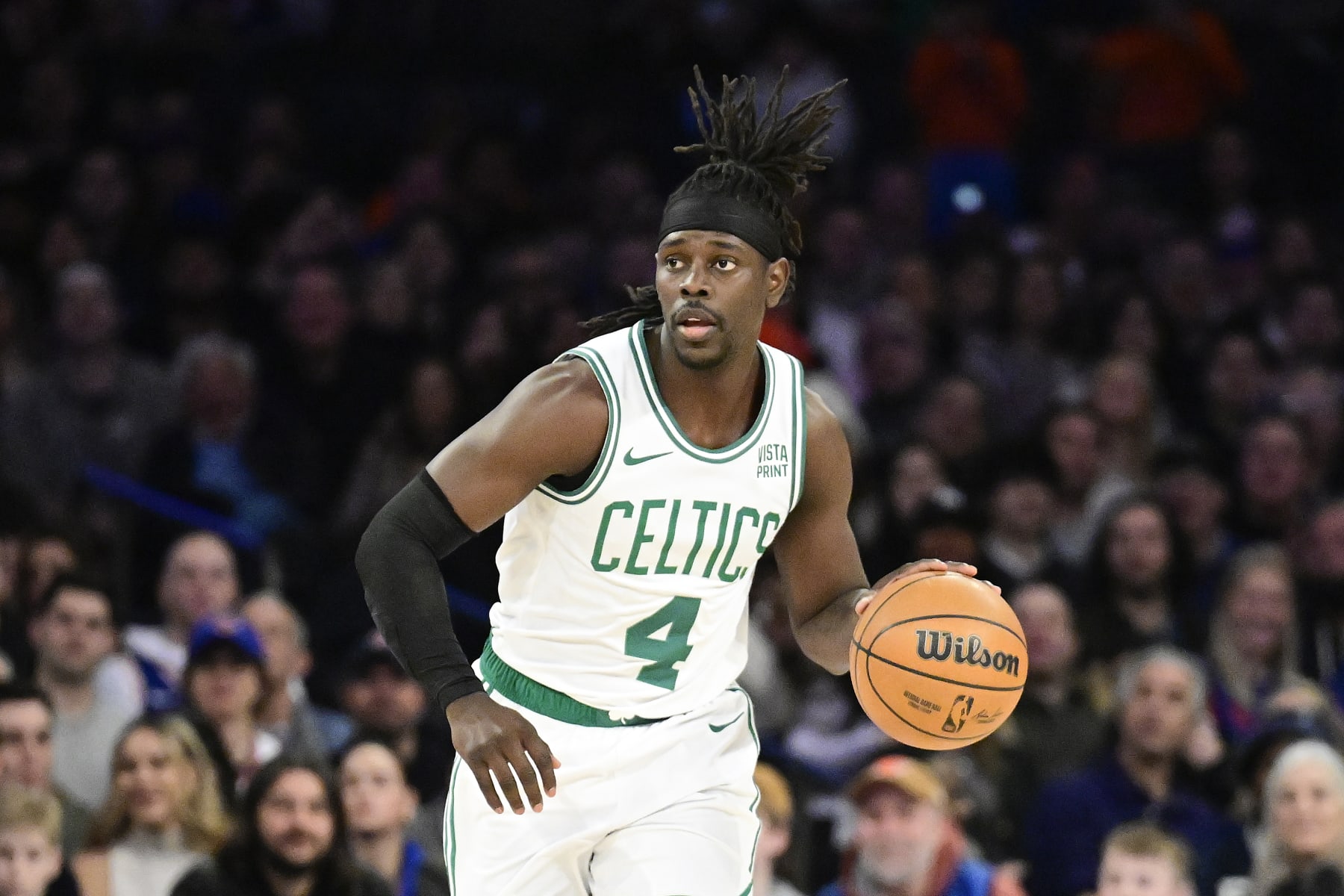 NEW YORK, NEW YORK - FEBRUARY 24:  Jrue Holiday #4 of the Boston Celtics handles the ball against the New York Knicks during the game at Madison Square Garden on February 24, 2024 in New York City. NOTE TO USER: User expressly acknowledges and agrees that, by downloading and or using this photograph, User is consenting to the terms and conditions of the Getty Images License Agreement. (Photo by Steven Ryan/Getty Images)