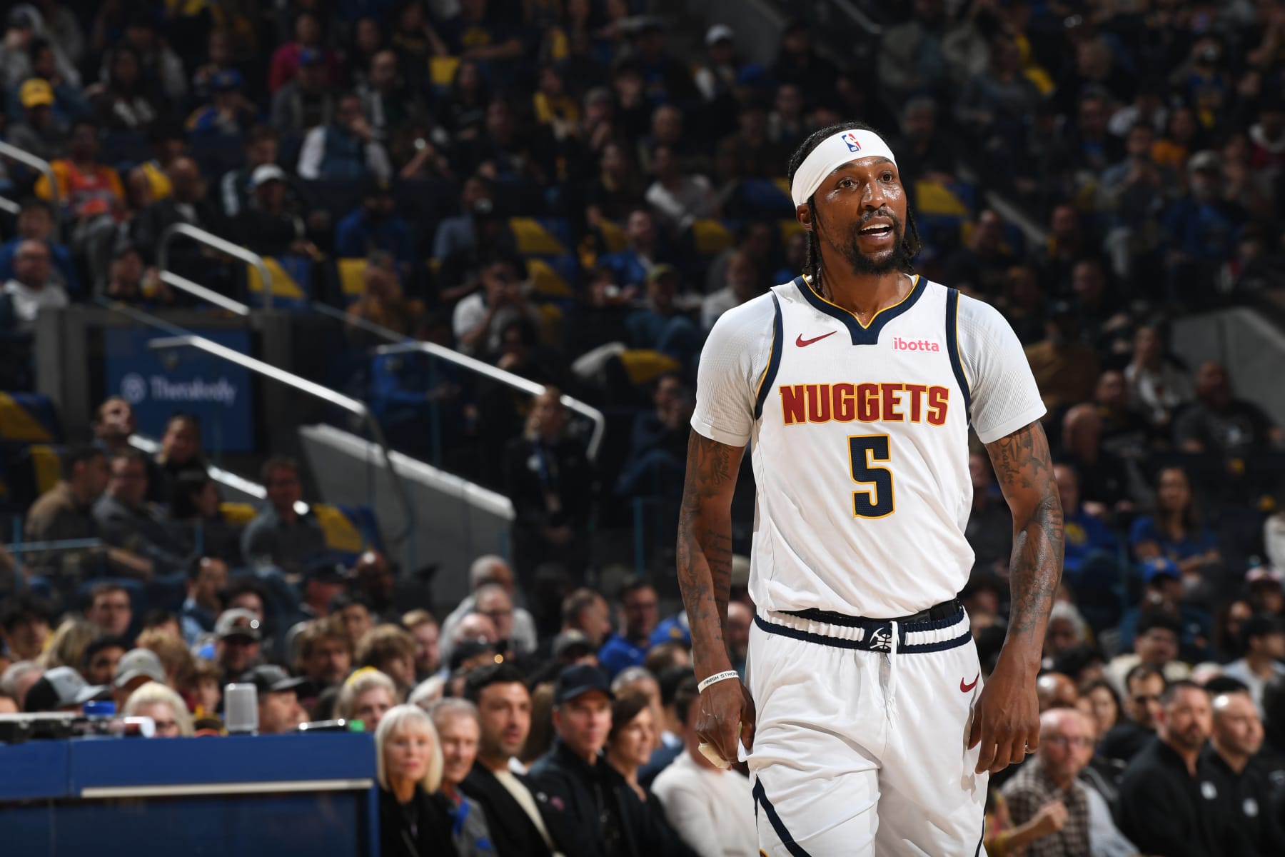 SAN FRANCISCO, CA - FEBRUARY 25:  Kentavious Caldwell-Pope #5 of the Denver Nuggets looks on during the game against the Golden State Warriors on February 25, 2024 at Chase Center in San Francisco, California. NOTE TO USER: User expressly acknowledges and agrees that, by downloading and or using this photograph, user is consenting to the terms and conditions of Getty Images License Agreement. Mandatory Copyright Notice: Copyright 2024 NBAE (Photo by Noah Graham/NBAE via Getty Images)