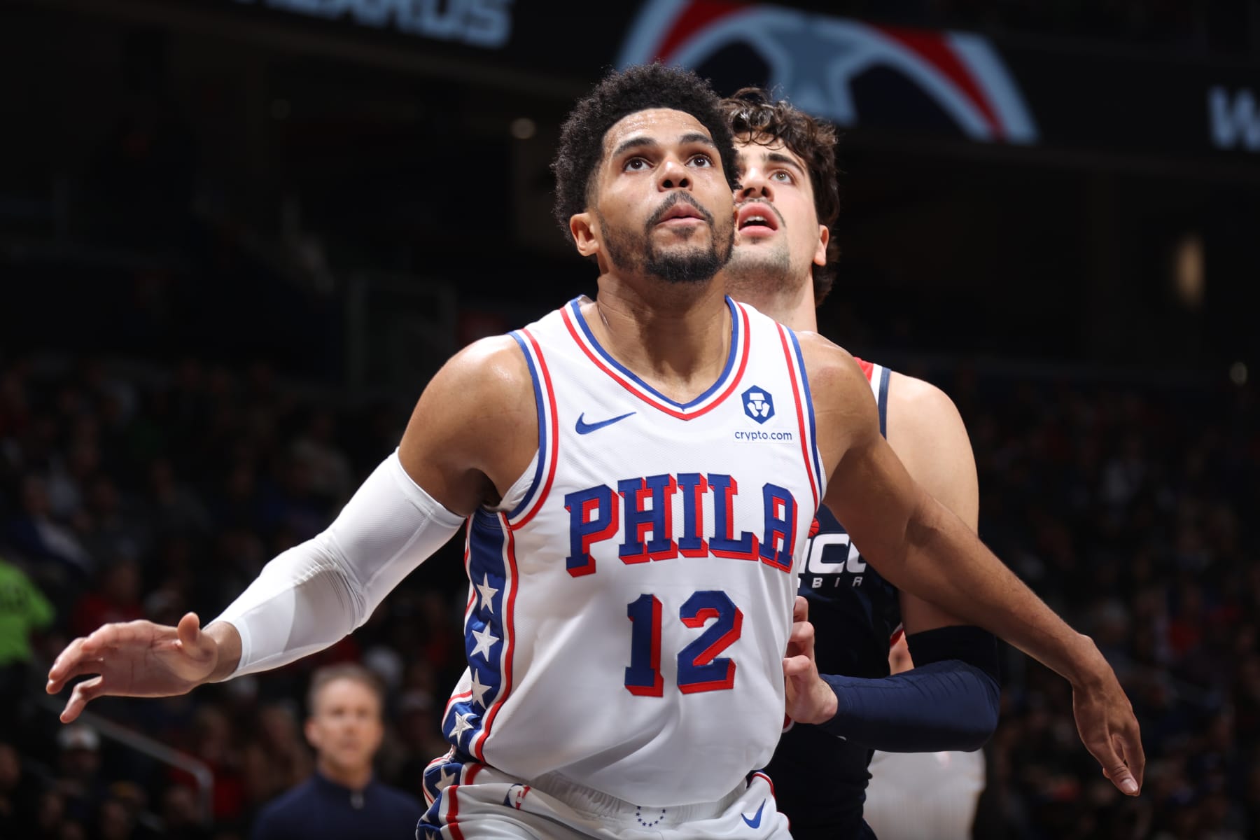 WASHINGTON, DC -  FEBRUARY 10: Tobias Harris #12 of the Philadelphia 76ers plays defense during the game against the Washington Wizards on February 10, 2024 at Capital One Arena in Washington, DC. NOTE TO USER: User expressly acknowledges and agrees that, by downloading and or using this Photograph, user is consenting to the terms and conditions of the Getty Images License Agreement. Mandatory Copyright Notice: Copyright 2024 NBAE (Photo by Stephen Gosling/NBAE via Getty Images)
