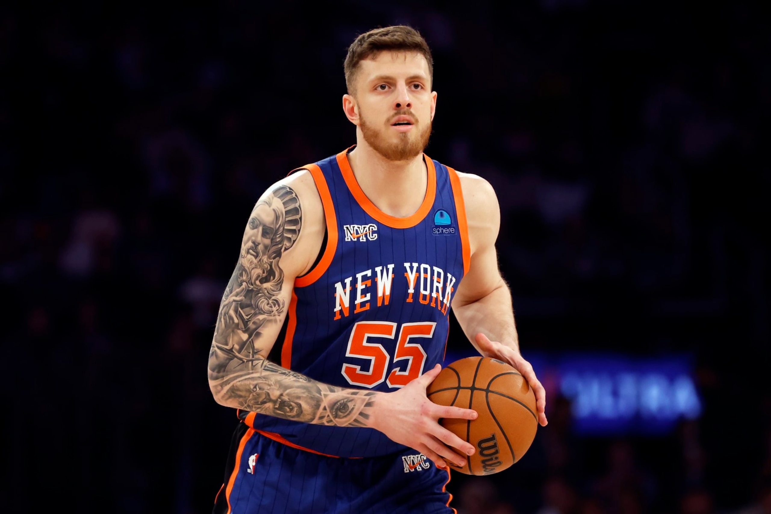 NEW YORK, NEW YORK - JANUARY 20: Isaiah Hartenstein #55 of the New York Knicks dribbles during the first half against the Toronto Raptors at Madison Square Garden on January 20, 2024 in New York City. NOTE TO USER: User expressly acknowledges and agrees that, by downloading and/or using this Photograph, user is consenting to the terms and conditions of the Getty Images License Agreement. (Photo by Sarah Stier/Getty Images)