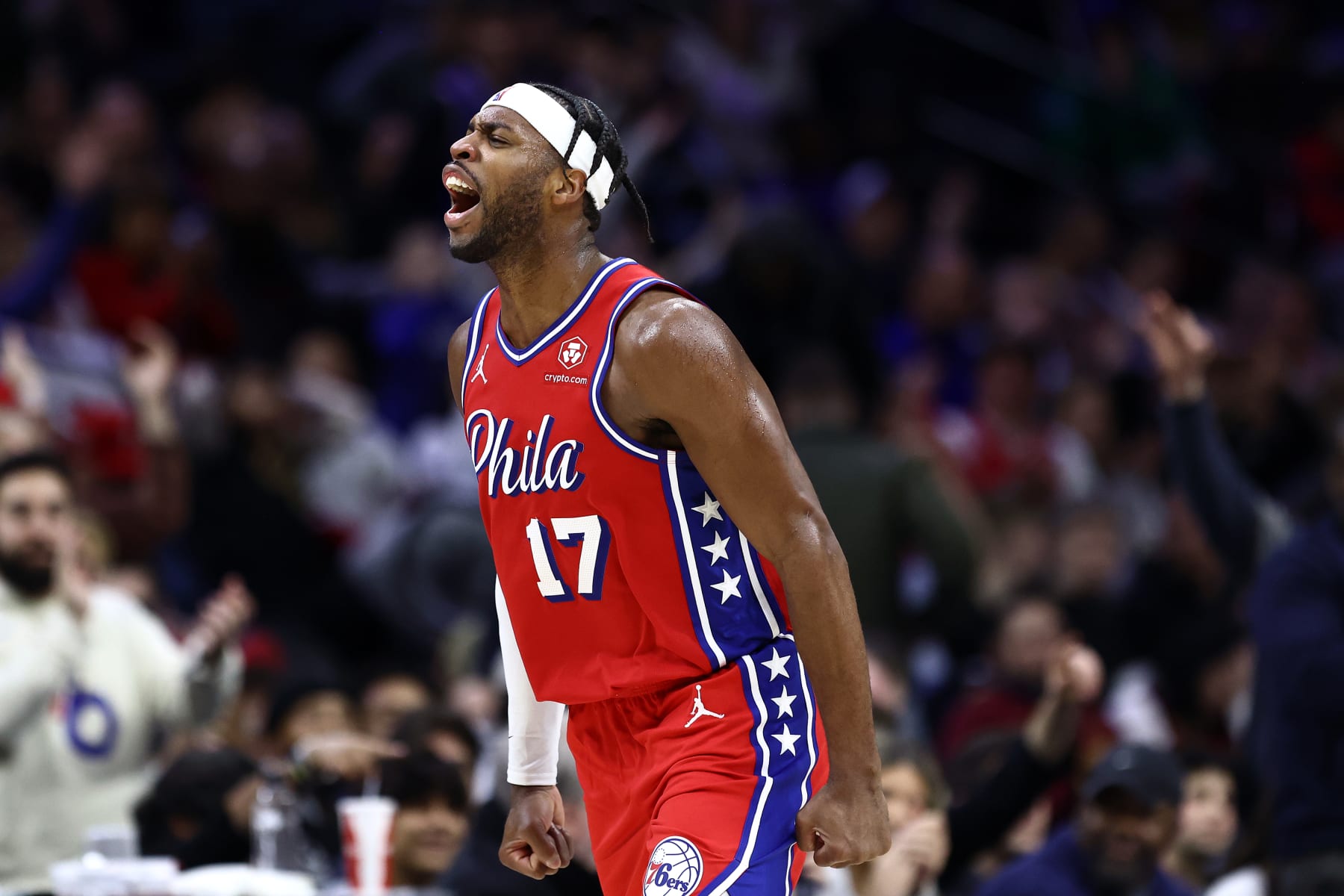PHILADELPHIA, PENNSYLVANIA - FEBRUARY 23: Buddy Hield #17 of the Philadelphia 76ers reacts during the fourth quarter against the Cleveland Cavaliers at the Wells Fargo Center on February 23, 2024 in Philadelphia, Pennsylvania. (Photo by Tim Nwachukwu/Getty Images)