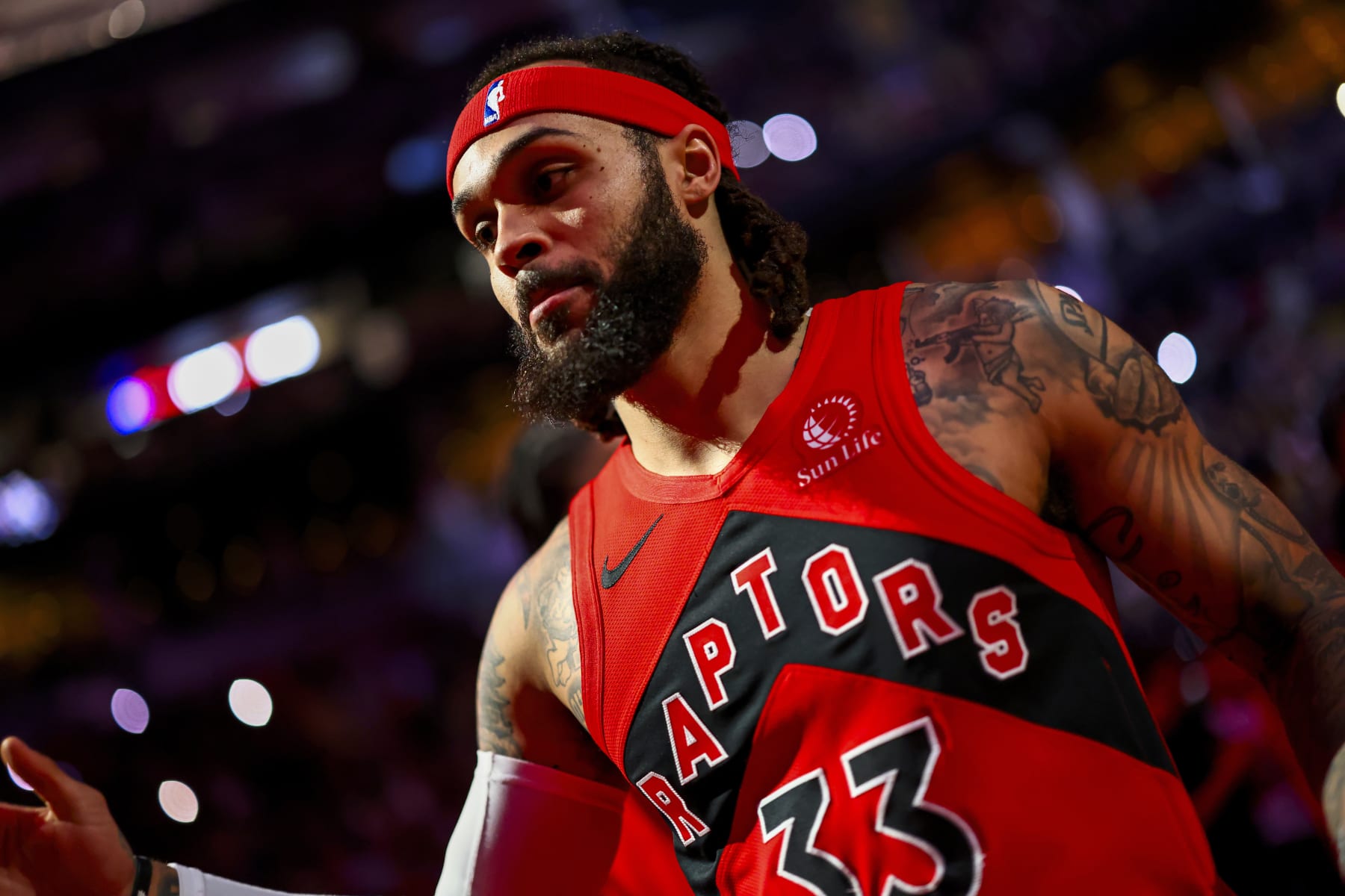 TORONTO, CANADA - FEBRUARY 14: Gary Trent Jr. #33 of the Toronto Raptors looks on before the game against the Indiana Pacers on February 14, 2024 at the Scotiabank Arena in Toronto, Ontario, Canada.  NOTE TO USER: User expressly acknowledges and agrees that, by downloading and or using this Photograph, user is consenting to the terms and conditions of the Getty Images License Agreement.  Mandatory Copyright Notice: Copyright 2024 NBAE (Photo by Vaughn Ridley/NBAE via Getty Images)