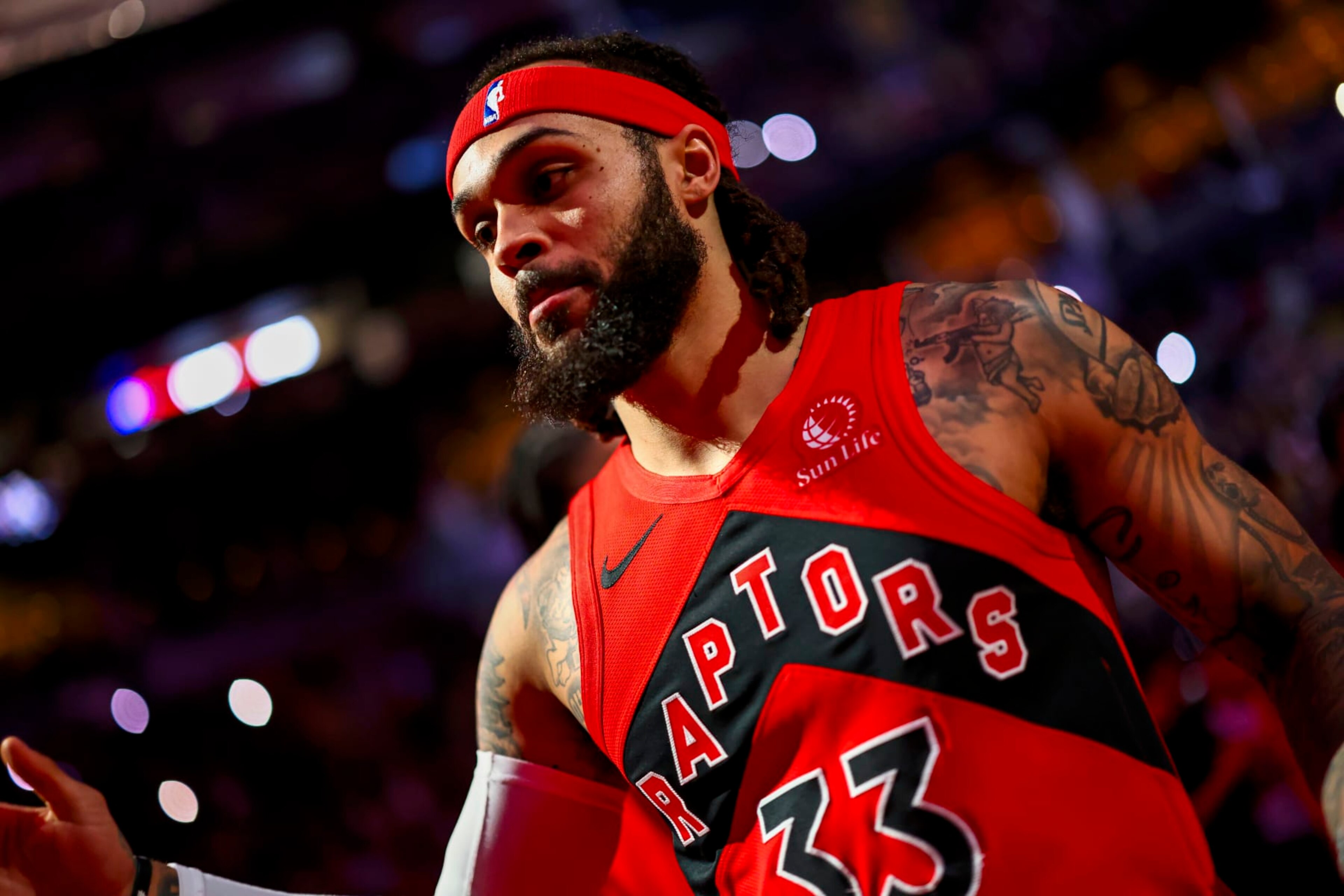 TORONTO, CANADA - FEBRUARY 14: Gary Trent Jr. #33 of the Toronto Raptors looks on before the game against the Indiana Pacers on February 14, 2024 at the Scotiabank Arena in Toronto, Ontario, Canada.  NOTE TO USER: User expressly acknowledges and agrees that, by downloading and or using this Photograph, user is consenting to the terms and conditions of the Getty Images License Agreement.  Mandatory Copyright Notice: Copyright 2024 NBAE (Photo by Vaughn Ridley/NBAE via Getty Images)
