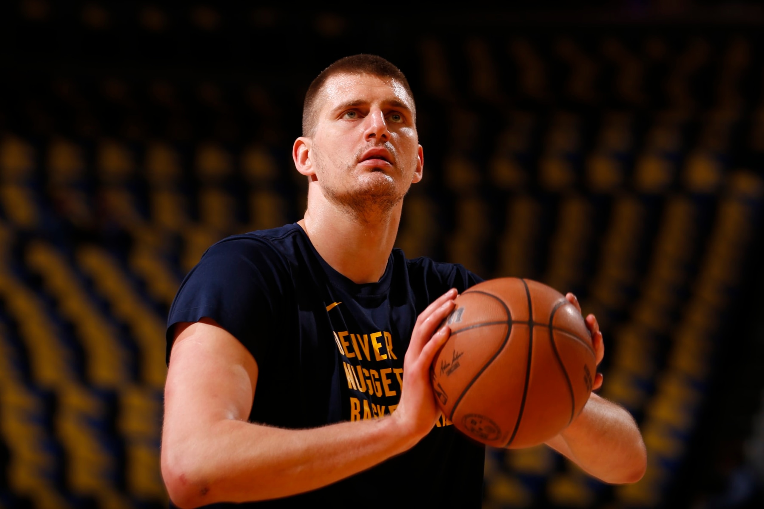 SAN FRANCISCO, CA - FEBRUARY 25: Nikola Jokic #15 of the Denver Nuggets shoots the ball before the game against the Golden State Warriors on February 25, 2024 at Chase Center in San Francisco, California. NOTE TO USER: User expressly acknowledges and agrees that, by downloading and or using this photograph, user is consenting to the terms and conditions of Getty Images License Agreement. Mandatory Copyright Notice: Copyright 2024 NBAE (Photo by Jed Jacobsohn/NBAE via Getty Images)