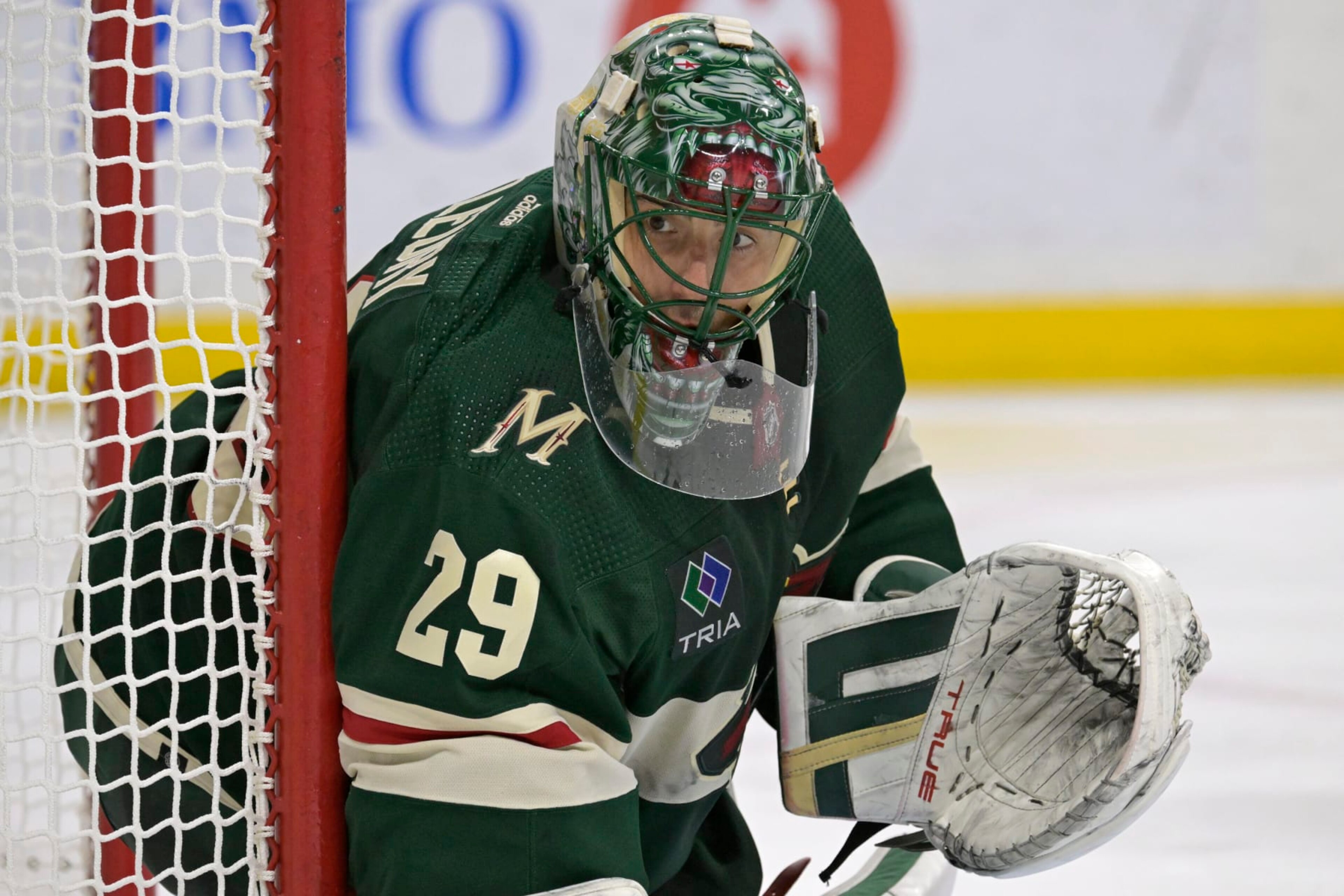 ST. PAUL, MN - JANUARY 15: Minnesota Wild Goalie Marc-Andre Fleury (29) follows the play during an NHL game between the Minnesota Wild and New York Islanders on January 15, 2024, at Xcel Energy Center in St. Paul, MN.(Photo by Nick Wosika/Icon Sportswire via Getty Images) ST. PAUL, MN - JANUARY 15: Minnesota Wild Goalie Marc-Andre Fleury (29) follows the play during an NHL game between the Minnesota Wild and New York Islanders on January 15, 2024, at Xcel Energy Center in St. Paul, MN.(Photo by Nick Wosika/Icon Sportswire via Getty Images)