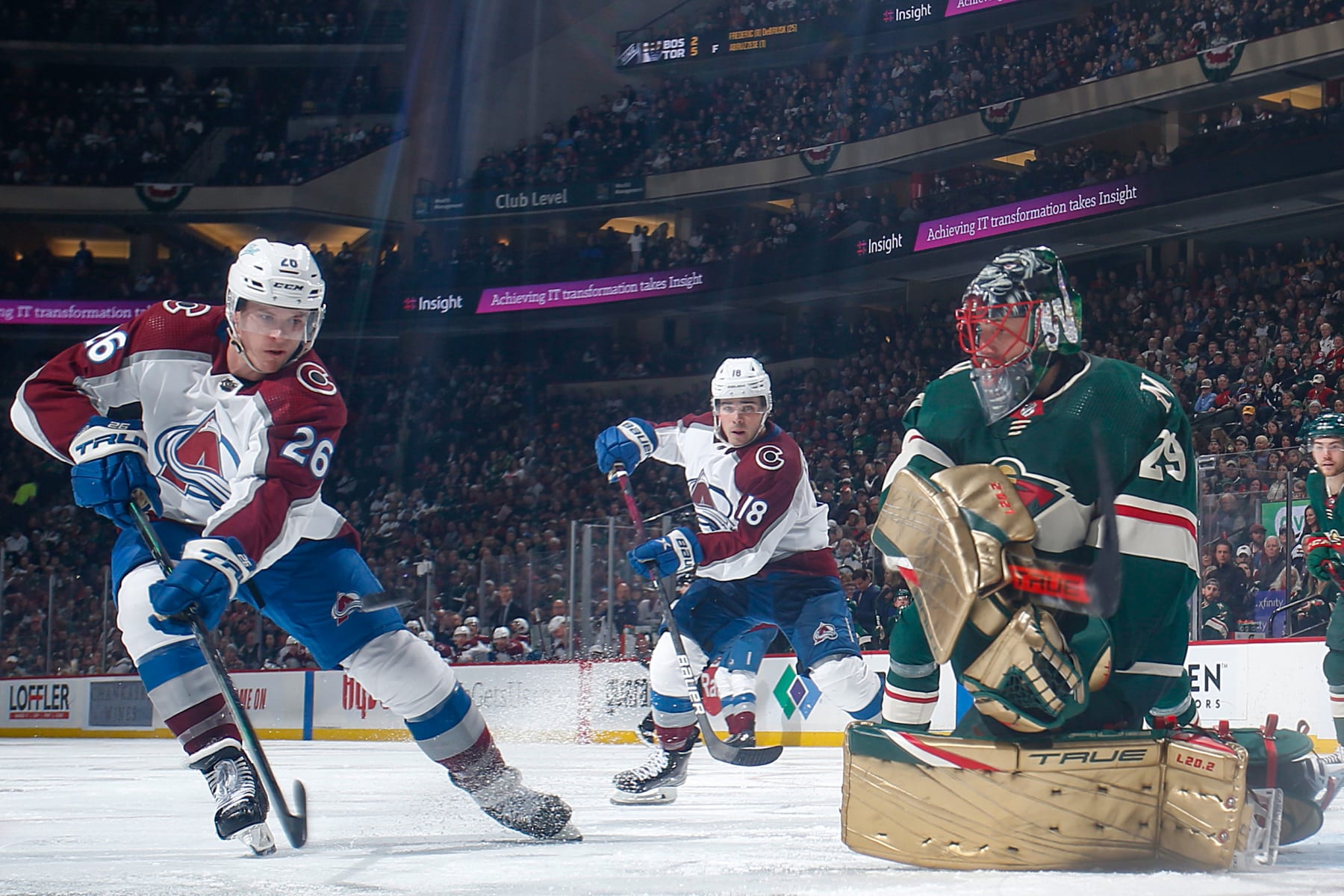 SAINT PAUL, MN - APRIL 29: Marc-Andre Fleury #29 of the Minnesota Wild makes a save against Jacob MacDonald #26 of the Colorado Avalanche during the game at the Xcel Energy Center on April 29, 2022 in Saint Paul, Minnesota. (Photo by Bruce Kluckhohn/NHLI via Getty Images)