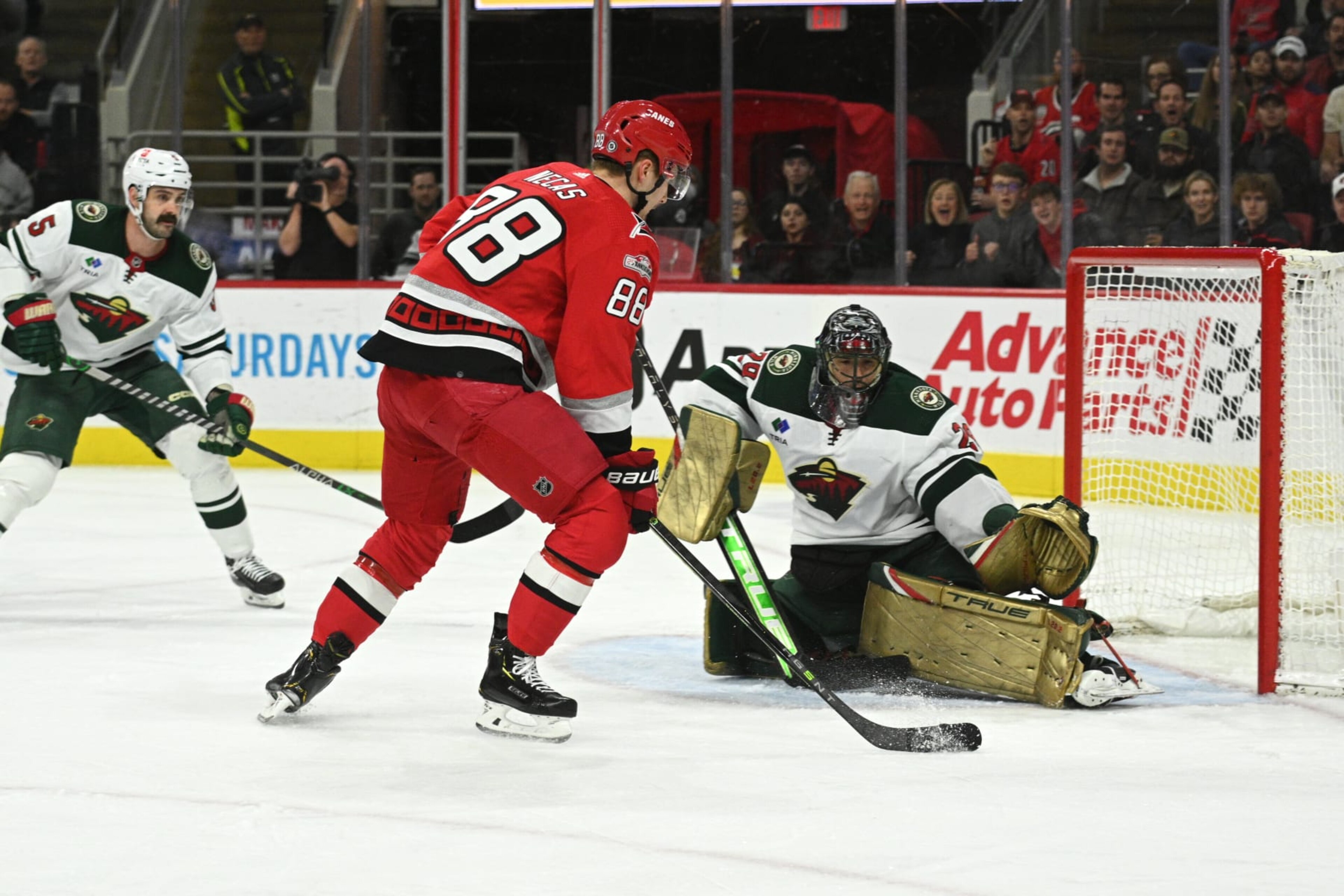 RALEIGH, NC - JANUARY 19: Carolina Hurricanes Right Wing Martin Necas (88) attempts a shot on Minnesota Wild Goalie Marc-Andre Fleury (29) during the game between the Minnesota Wild and the Carolina Hurricanes on January 19, 2023 at PNC Arena in Raleigh, North Carolina. (Photo by Katherine Gawlik/Icon Sportswire via Getty Images) RALEIGH, NC - JANUARY 19: Carolina Hurricanes Right Wing Martin Necas (88) attempts a shot on Minnesota Wild Goalie Marc-Andre Fleury (29) during the game between the Minnesota Wild and the Carolina Hurricanes on January 19, 2023 at PNC Arena in Raleigh, North Carolina. (Photo by Katherine Gawlik/Icon Sportswire via Getty Images)
