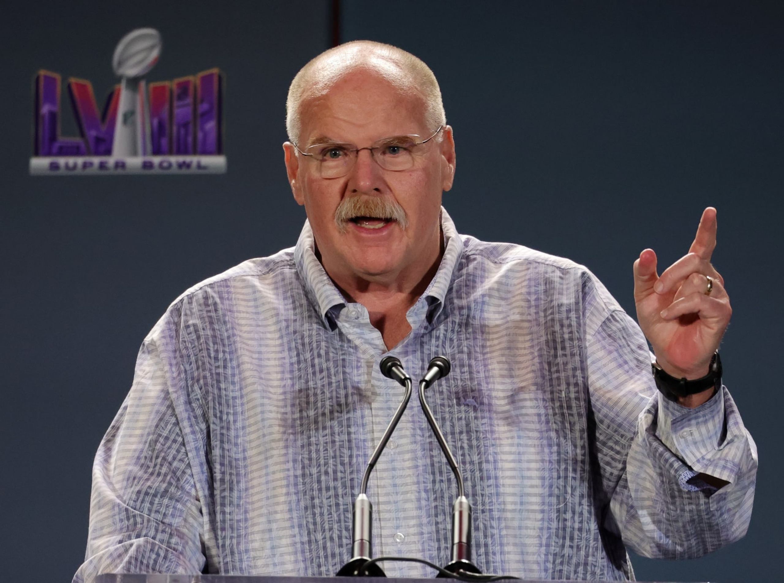 LAS VEGAS, NEVADA - FEBRUARY 12: Head coach Andy Reid of the Kansas City Chiefs speaks during a news conference for the winning head coach and MVP of Super Bowl LVIII at the Mandalay Bay Convention Center on February 12, 2024 in Las Vegas, Nevada. (Photo by Ethan Miller/Getty Images)