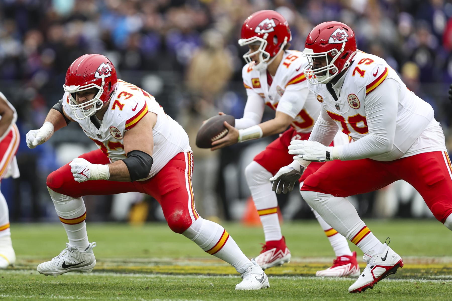 BALTIMORE, MD - JANUARY 28: Nick Allegretti #73 of the Kansas City Chiefs and Donovan Smith #79 step up to block during the AFC Championship NFL football game against the Baltimore Ravens at M&T Bank Stadium on January 28, 2024 in Baltimore, Maryland. (Photo by Perry Knotts/Getty Images)