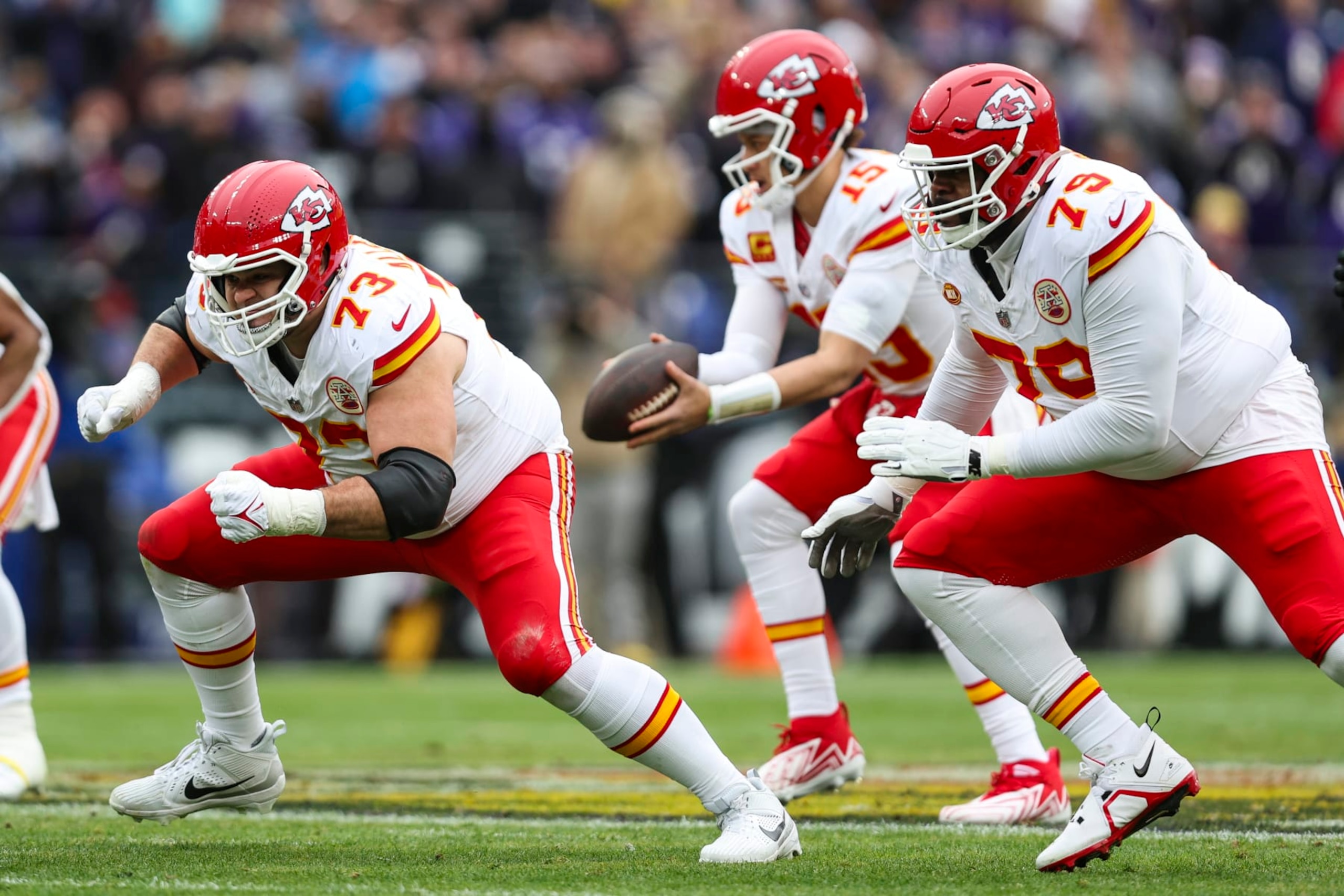BALTIMORE, MD - JANUARY 28: Nick Allegretti #73 of the Kansas City Chiefs and Donovan Smith #79 step up to block during the AFC Championship NFL football game against the Baltimore Ravens at M&T Bank Stadium on January 28, 2024 in Baltimore, Maryland. (Photo by Perry Knotts/Getty Images) BALTIMORE, MD - JANUARY 28: Nick Allegretti #73 of the Kansas City Chiefs and Donovan Smith #79 step up to block during the AFC Championship NFL football game against the Baltimore Ravens at M&T Bank Stadium on January 28, 2024 in Baltimore, Maryland. (Photo by Perry Knotts/Getty Images)