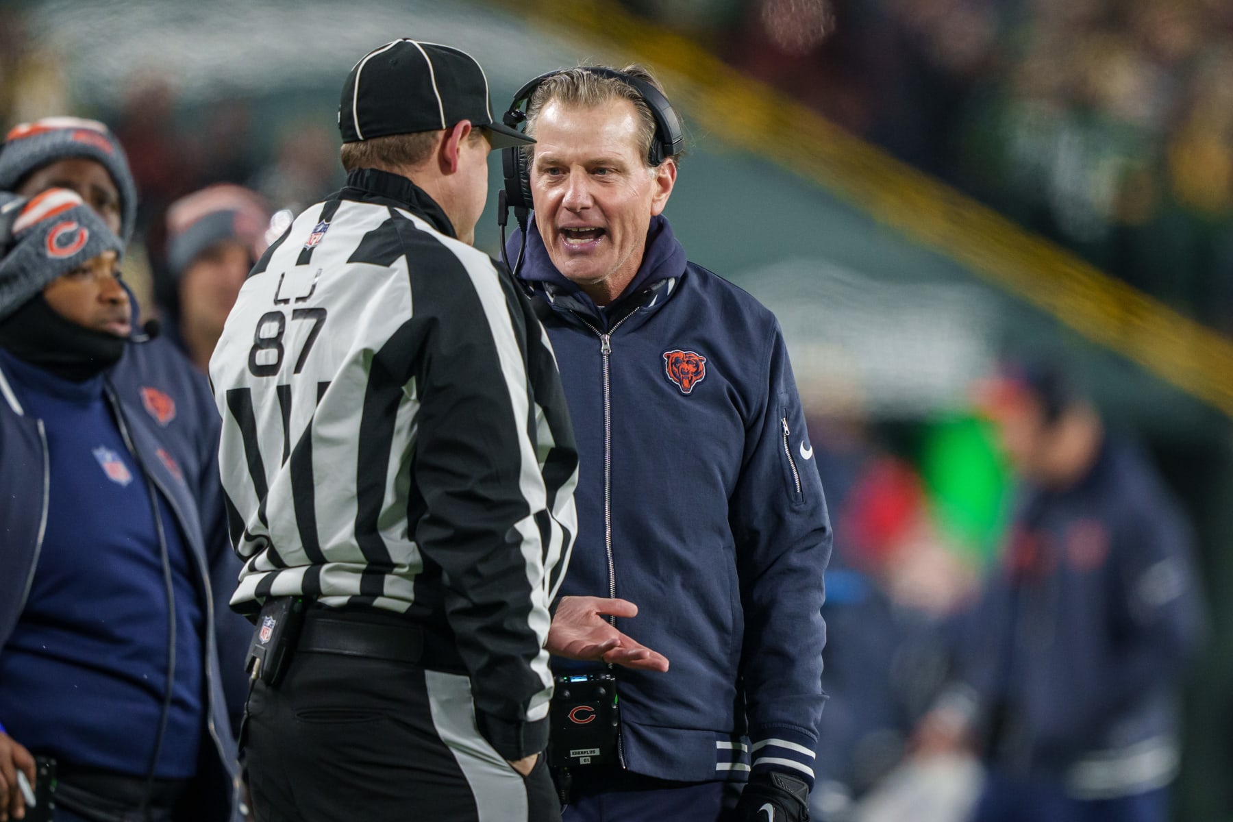 GREEN BAY, WI - JANUARY 7: Head Coach Matt Eberflus of the Chicago Bears talks with Line Judge Tom Eaton #87 following a call during an NFL football game against the Green Bay Packers at Lambeau Field on January 7, 2024 in Green Bay, Wisconsin. The Packers beat the Bears 17-9. (Photo by Todd Rosenberg/Getty Images)
