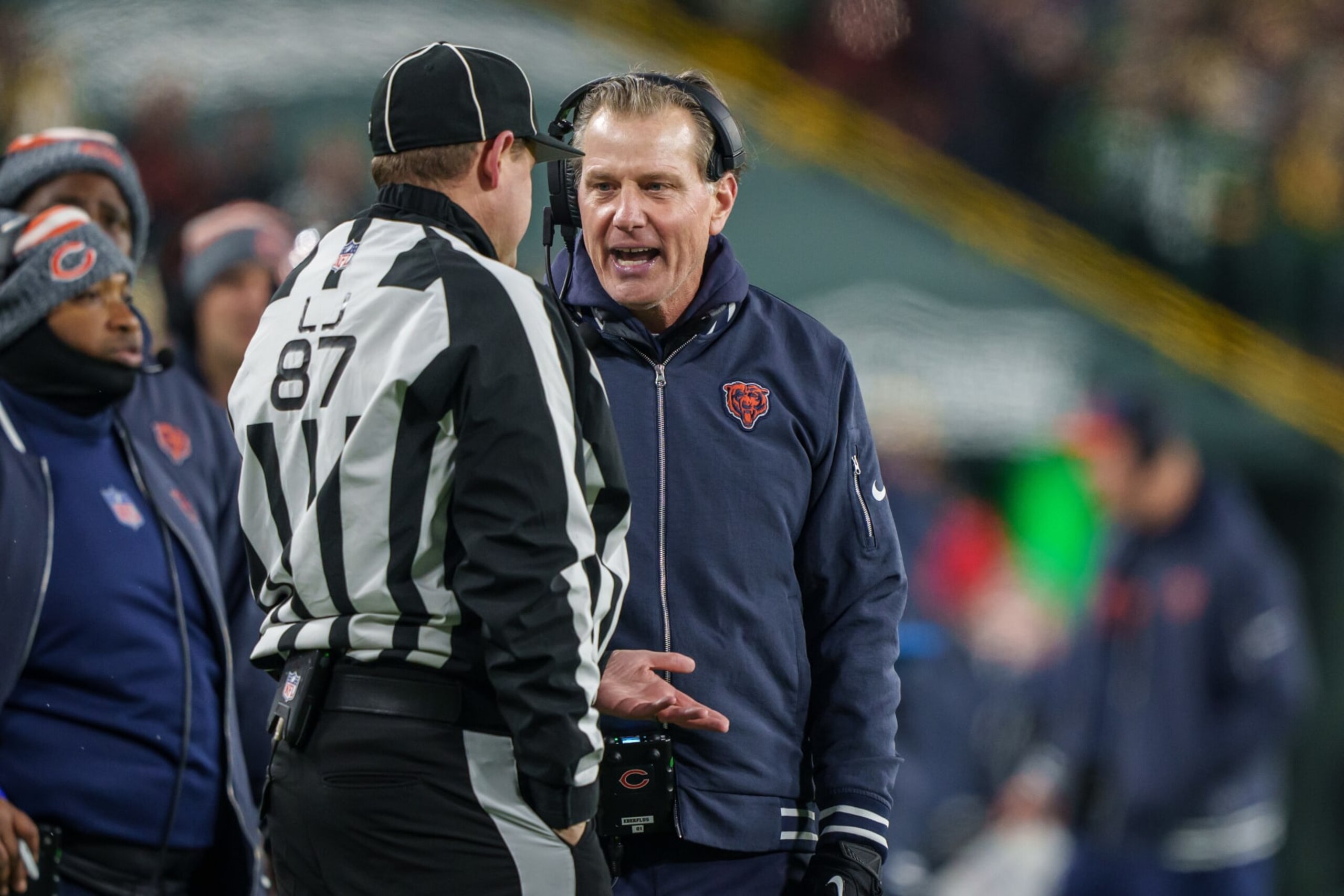 GREEN BAY, WI - JANUARY 7: Head Coach Matt Eberflus of the Chicago Bears talks with Line Judge Tom Eaton #87 following a call during an NFL football game against the Green Bay Packers at Lambeau Field on January 7, 2024 in Green Bay, Wisconsin. The Packers beat the Bears 17-9. (Photo by Todd Rosenberg/Getty Images)