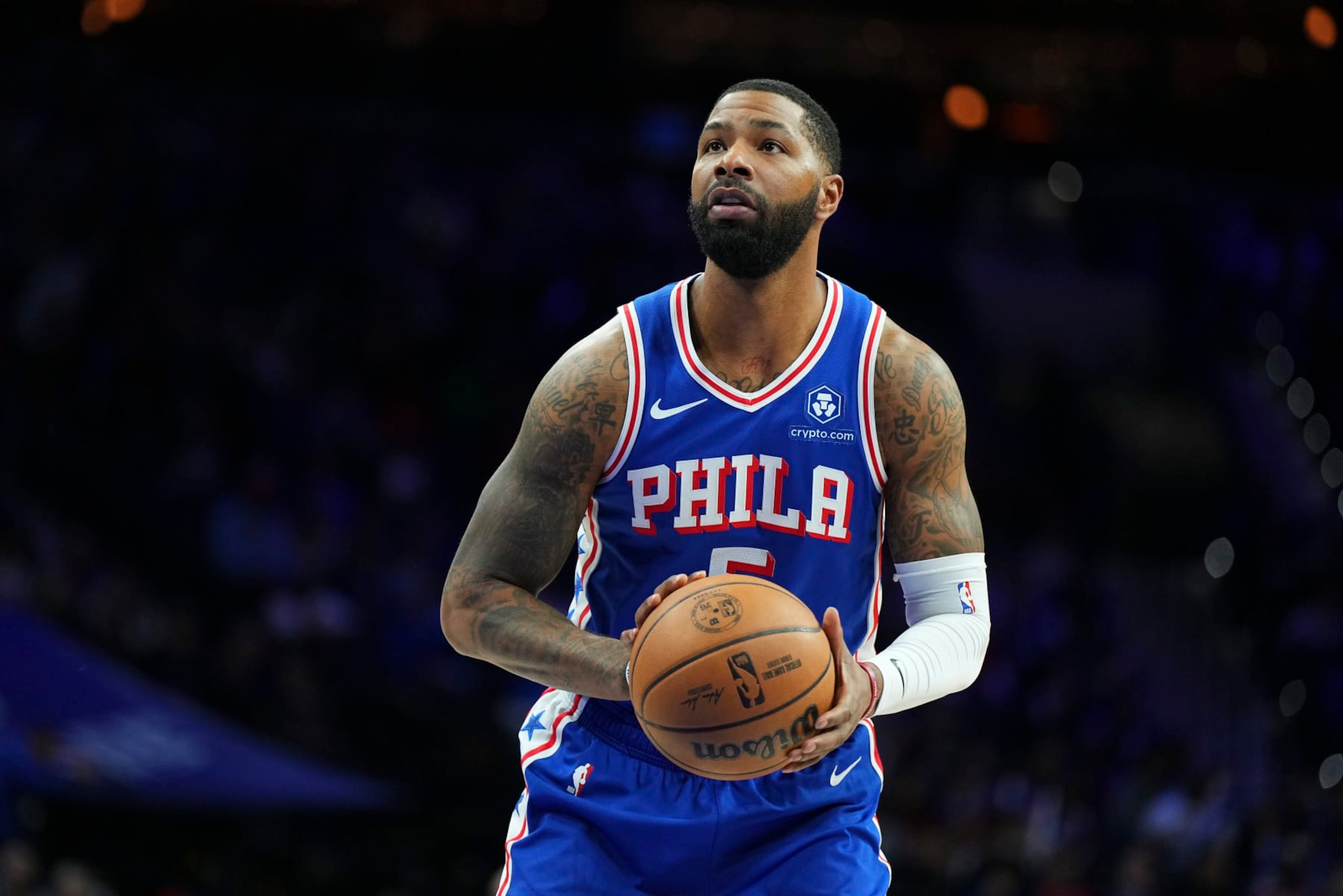 PHILADELPHIA, PENNSYLVANIA - JANUARY 2: Marcus Morris Sr. #5 of the Philadelphia 76ers shoots a foul shot against the Chicago Bulls at the Wells Fargo Center on January 2, 2024 in Philadelphia, Pennsylvania. The 76ers defeated the Bulls 110-97. NOTE TO USER: User expressly acknowledges and agrees that, by downloading and or using this photograph, User is consenting to the terms and conditions of the Getty Images License Agreement. (Photo by Mitchell Leff/Getty Images) PHILADELPHIA, PENNSYLVANIA - JANUARY 2: Marcus Morris Sr. #5 of the Philadelphia 76ers shoots a foul shot against the Chicago Bulls at the Wells Fargo Center on January 2, 2024 in Philadelphia, Pennsylvania. The 76ers defeated the Bulls 110-97. NOTE TO USER: User expressly acknowledges and agrees that, by downloading and or using this photograph, User is consenting to the terms and conditions of the Getty Images License Agreement. (Photo by Mitchell Leff/Getty Images)