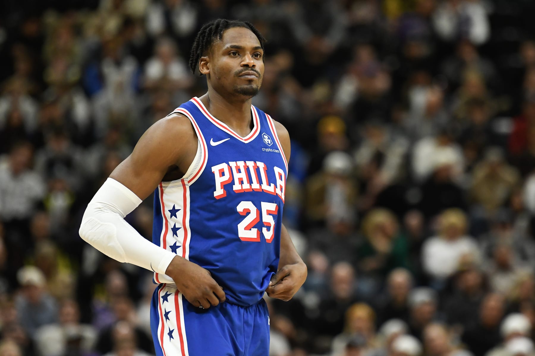 SALT LAKE CITY, UTAH - FEBRUARY 01: Danuel House Jr. #25 of the Philadelphia 76ers looks on during the first half of a game against the Utah Jazz at Delta Center on February 01, 2024 in Salt Lake City, Utah. NOTE TO USER: User expressly acknowledges and agrees that, by downloading and or using this photograph, User is consenting to the terms and conditions of the Getty Images License Agreement. (Photo by Alex Goodlett/Getty Images)