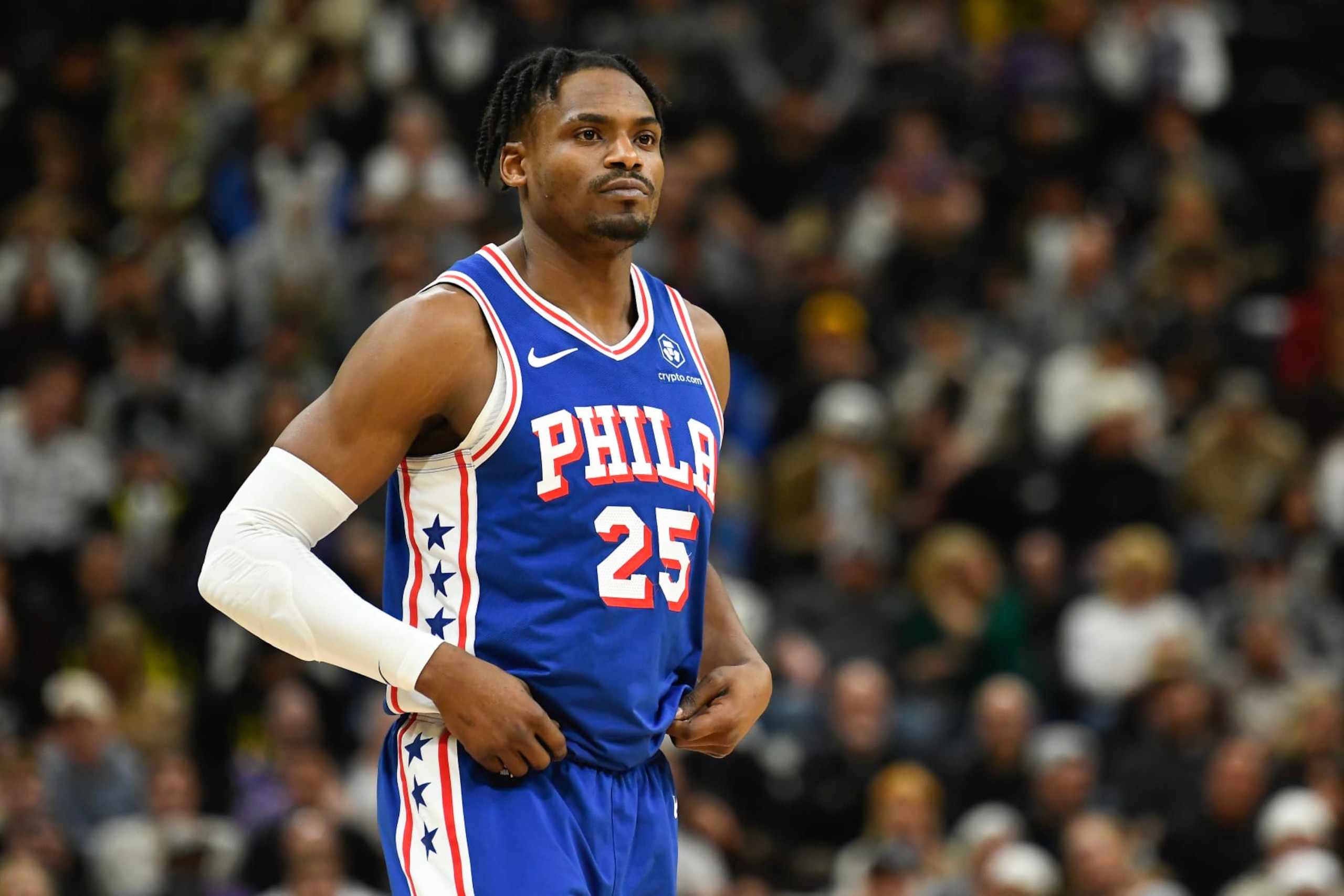 SALT LAKE CITY, UTAH - FEBRUARY 01: Danuel House Jr. #25 of the Philadelphia 76ers looks on during the first half of a game against the Utah Jazz at Delta Center on February 01, 2024 in Salt Lake City, Utah. NOTE TO USER: User expressly acknowledges and agrees that, by downloading and or using this photograph, User is consenting to the terms and conditions of the Getty Images License Agreement. (Photo by Alex Goodlett/Getty Images) SALT LAKE CITY, UTAH - FEBRUARY 01: Danuel House Jr. #25 of the Philadelphia 76ers looks on during the first half of a game against the Utah Jazz at Delta Center on February 01, 2024 in Salt Lake City, Utah. NOTE TO USER: User expressly acknowledges and agrees that, by downloading and or using this photograph, User is consenting to the terms and conditions of the Getty Images License Agreement. (Photo by Alex Goodlett/Getty Images)