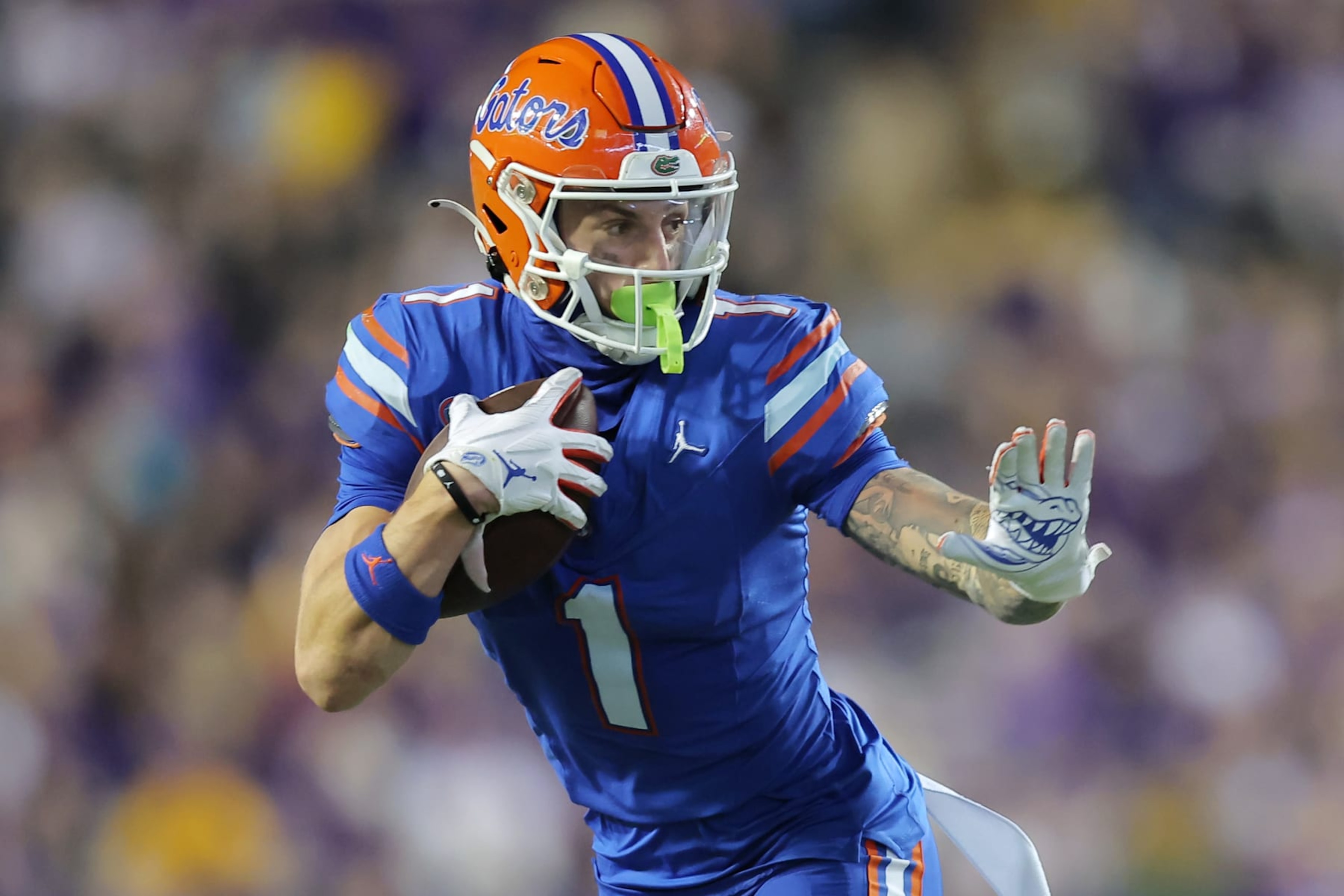 BATON ROUGE, LOUISIANA - NOVEMBER 11: Ricky Pearsall #1 of the Florida Gators runs with the ball against the LSU Tigers during a game at Tiger Stadium on November 11, 2023 in Baton Rouge, Louisiana. (Photo by Jonathan Bachman/Getty Images) BATON ROUGE, LOUISIANA - NOVEMBER 11: Ricky Pearsall #1 of the Florida Gators runs with the ball against the LSU Tigers during a game at Tiger Stadium on November 11, 2023 in Baton Rouge, Louisiana. (Photo by Jonathan Bachman/Getty Images)