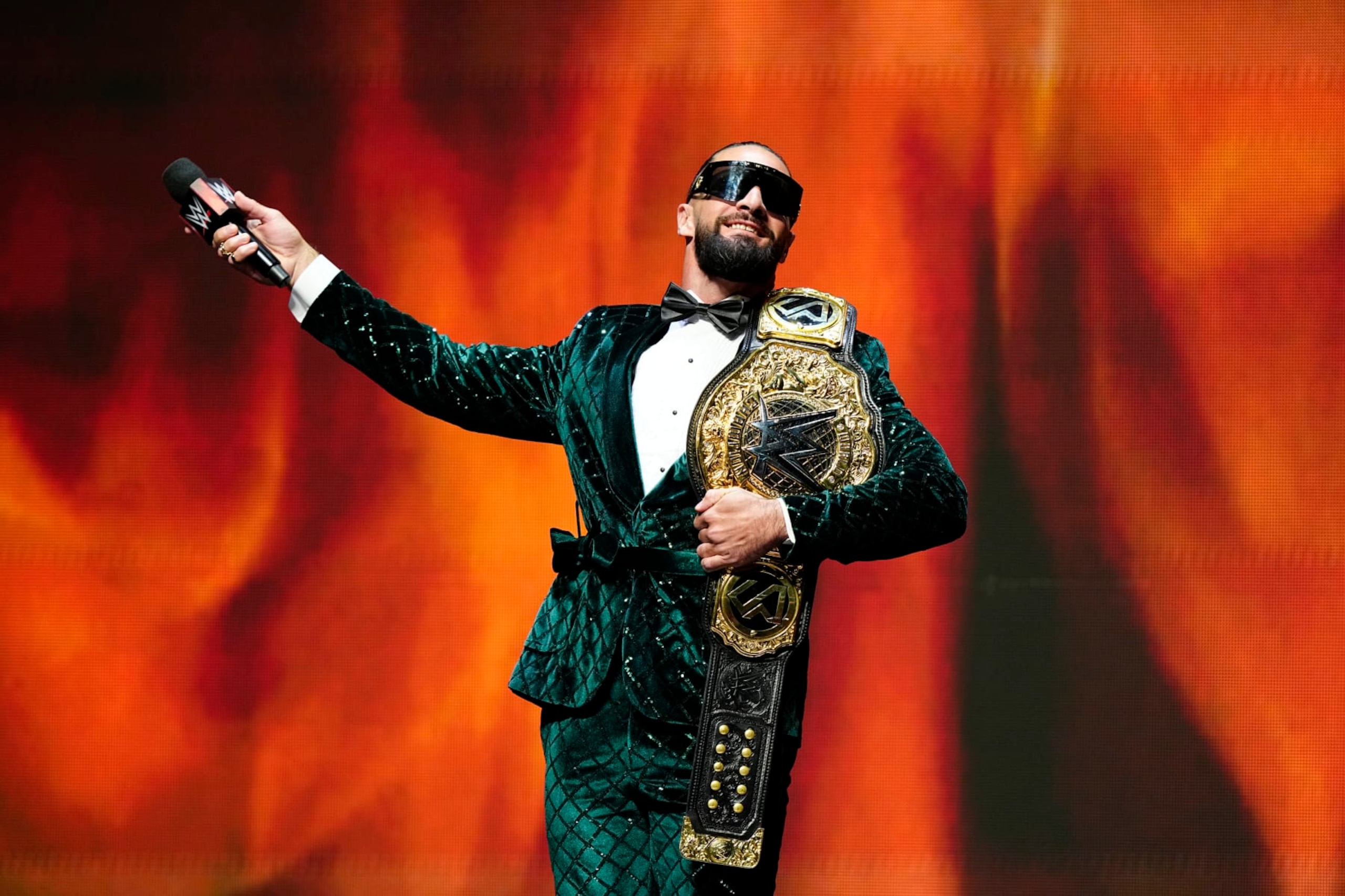 LAS VEGAS, NV - FEBRUARY 08:  Seth "Freakin" Rollins during the WWE Wrestlemania XL Kickoff on February 08, 2024, at T-Mobile Arena in Las Vegas, NV. (Photo by Louis Grasse/PXimages/Icon Sportswire via Getty Images)