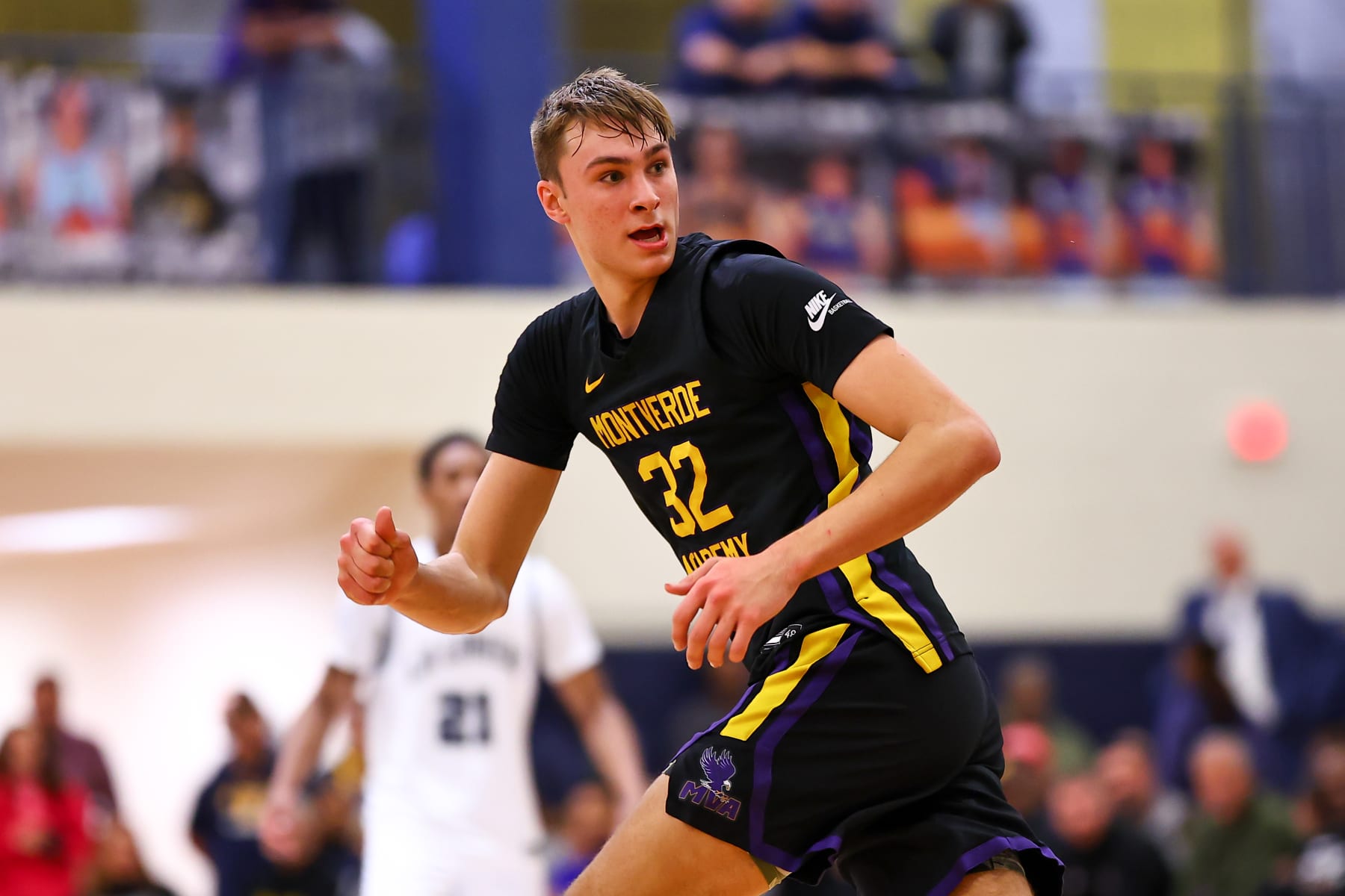 SOMERSET, NJ - FEBRUARY 01:  Cooper Flagg #32 of Montverde Academy defends during the third quarter of the EYBL Metro Classic High School basketball game against La Lumiere School on February 1, 2024 at Franklin High School in Somerset, New Jersey.  (Photo by Rich Graessle/Icon Sportswire via Getty Images)