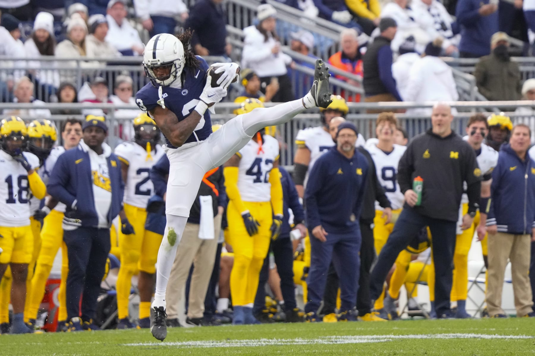 UNIVERSITY PARK, PA - NOVEMBER 11: Penn State Nittany Lions Wide Receiver Dante Cephas (3) makes a leaping catch during the second half of the College Football game between the Michigan Wolverines and the Penn State Nittany Lions on November 11, 2023, at Beaver Stadium in University Park, PA. (Photo by Gregory Fisher/Icon Sportswire via Getty Images)