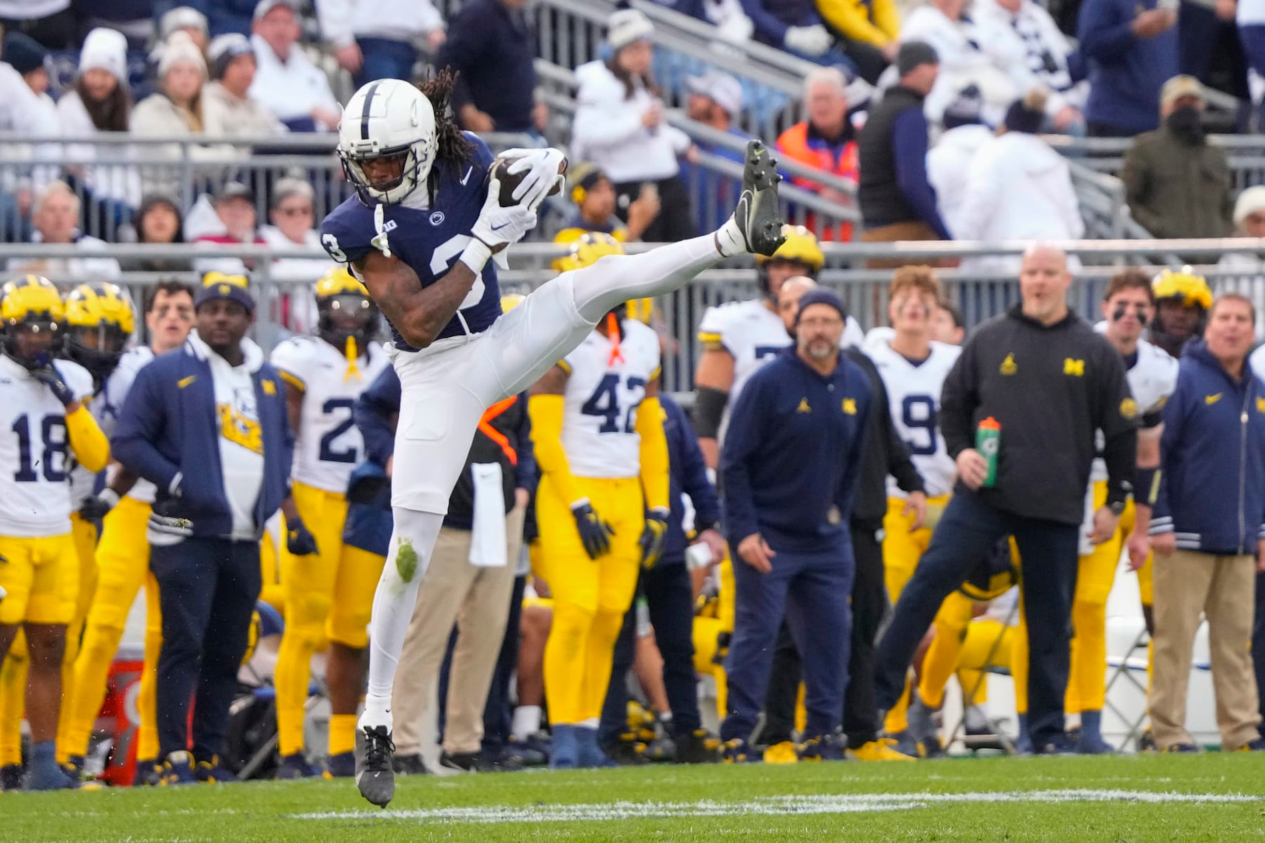 UNIVERSITY PARK, PA - NOVEMBER 11: Penn State Nittany Lions Wide Receiver Dante Cephas (3) makes a leaping catch during the second half of the College Football game between the Michigan Wolverines and the Penn State Nittany Lions on November 11, 2023, at Beaver Stadium in University Park, PA. (Photo by Gregory Fisher/Icon Sportswire via Getty Images)