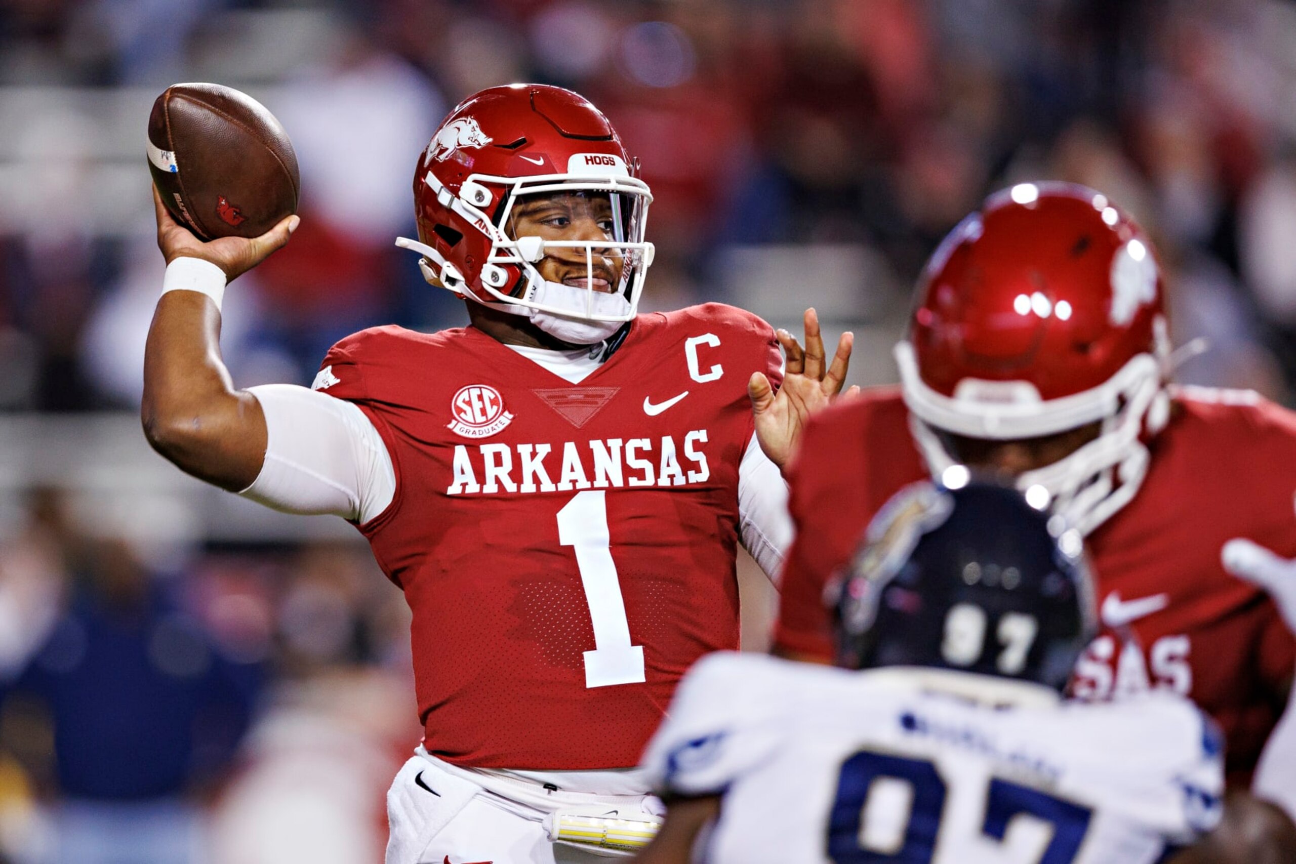 FAYETTEVILLE, ARKANSAS - NOVEMBER 18: K.J. Jefferson #1 of the Arkansas Razorbacks throws a pass during a game against the FIU Panthers at Donald W. Reynolds Razorback Stadium on November 18, 2023 in Fayetteville, Arkansas. The Razorbacks defeated the Panthers 44-20. (Photo by Wesley Hitt/Getty Images)
