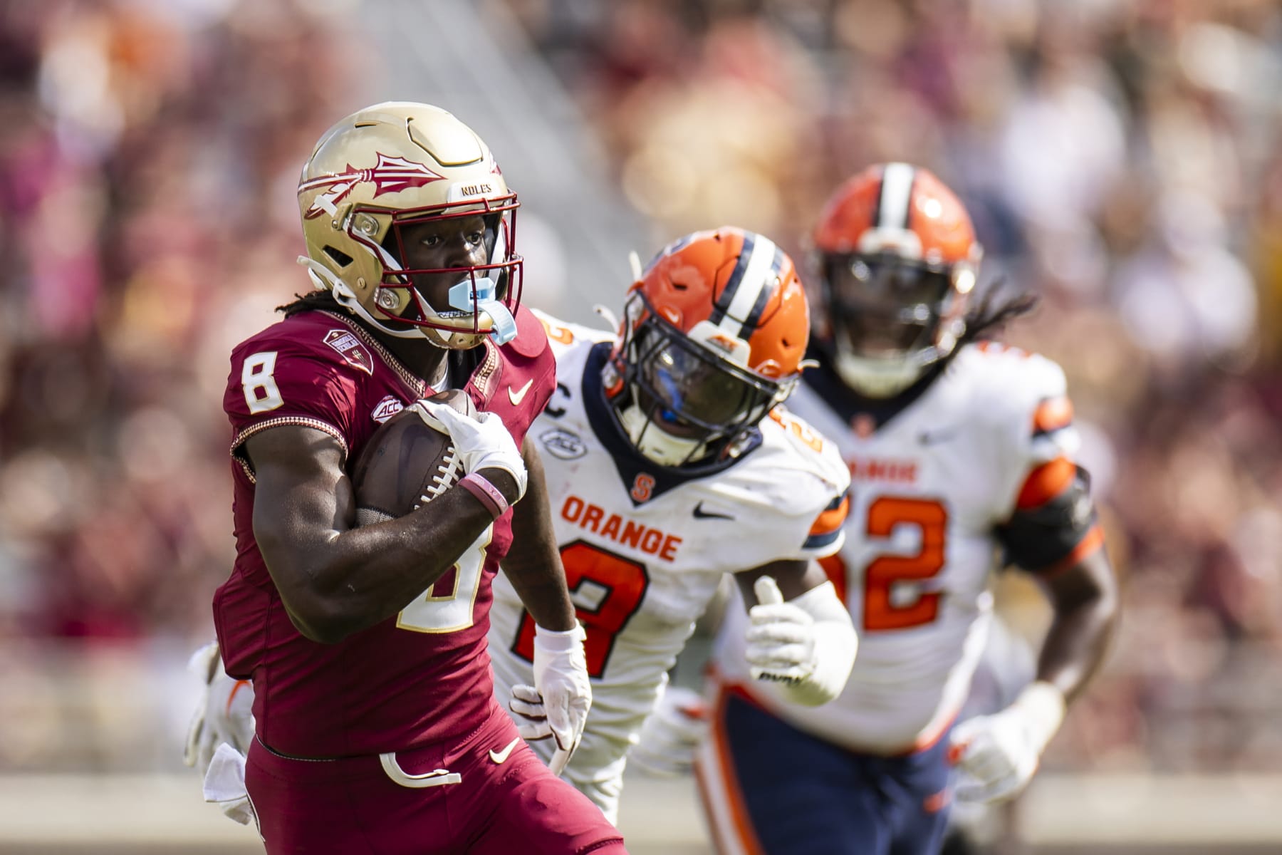 TALLAHASSEE, FLORIDA - OCTOBER 14: Hykeem Williams #8 of the Florida State Seminoles runs the ball during the second half of a game against the Syracuse Orangeat Doak Campbell Stadium on October 14, 2023 in Tallahassee, Florida. (Photo by James Gilbert/Getty Images)