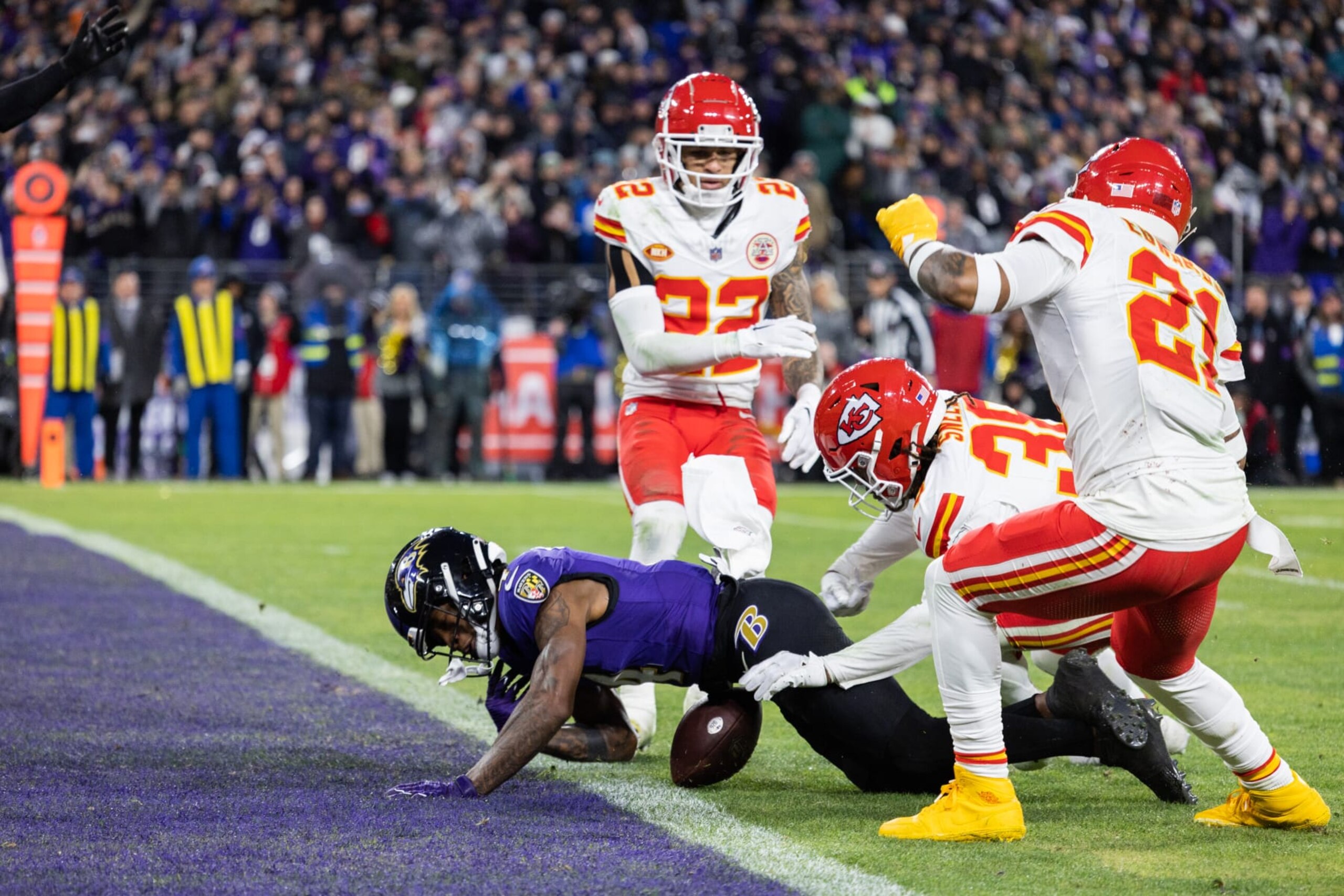 BALTIMORE, MARYLAND - JANUARY 28: L'Jarius Sneed #38 of the Kansas City Chiefs forces Zay Flowers #4 of the Baltimore Ravens to fumble at the goal line during the AFC Championship NFL football game at M&T Bank Stadium on January 28, 2024 in Baltimore, Maryland. (Photo by Kara Durrette/Getty Images)