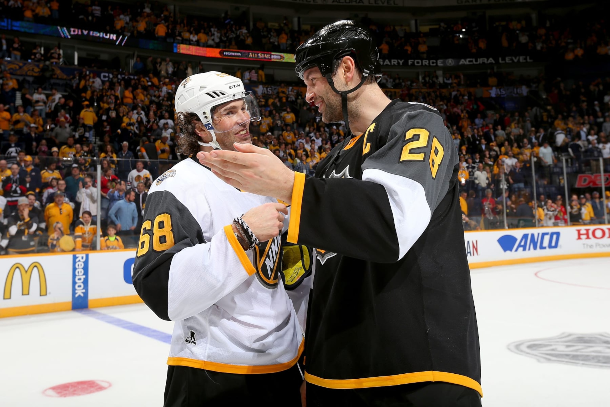 NASHVILLE, TN - JANUARY 31:  Jaromir Jagr #68 of the Florida Panthers greets John Scott #28 of the Arizona Coyotes after the 2016 Honda NHL All-Star Final Game between the Eastern Conference and the Western Conference at Bridgestone Arena on January 31, 2016 in Nashville, Tennessee.  (Photo by Bruce Bennett/Getty Images)