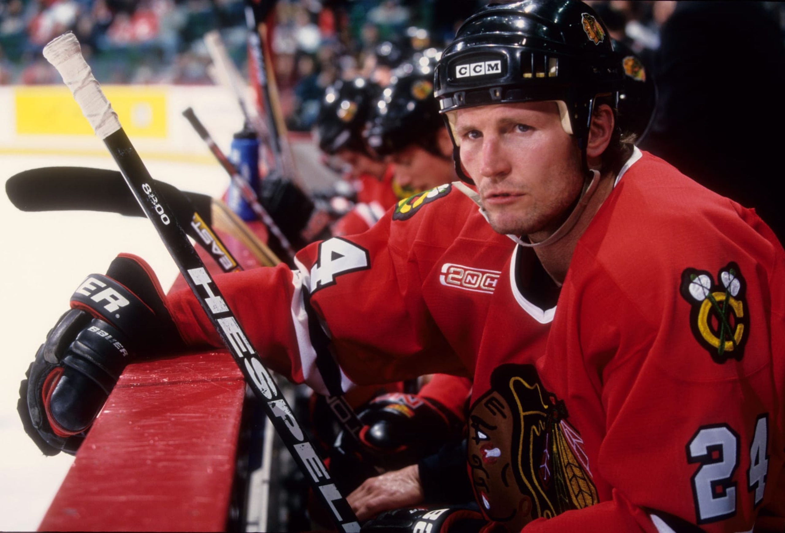 FEBRUARY, 2000:  Bob Probert #24 of the Chicago Blackhawks sits on the bench during an NHL game circa February, 2000.  (Photo by B Bennett/Getty Images)