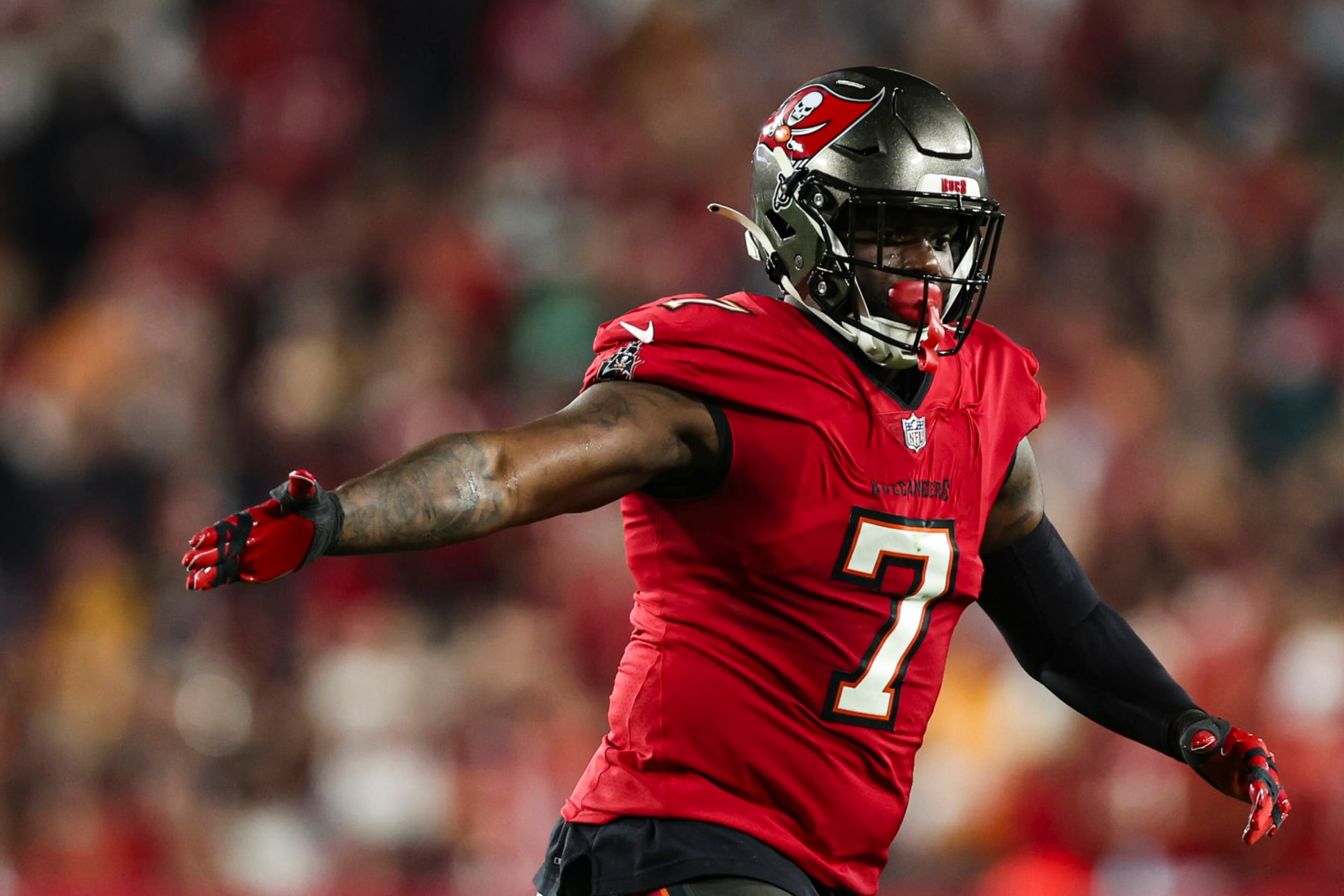 TAMPA, FL - JANUARY 15: Shaquil Barrett #7 of the Tampa Bay Buccaneers celebrates during an NFL Wild Card playoff football game against the Philadelphia Eagles at Raymond James Stadium on January 15, 2024 in Tampa, Florida. (Photo by Perry Knotts/Getty Images) TAMPA, FL - JANUARY 15: Shaquil Barrett #7 of the Tampa Bay Buccaneers celebrates during an NFL Wild Card playoff football game against the Philadelphia Eagles at Raymond James Stadium on January 15, 2024 in Tampa, Florida. (Photo by Perry Knotts/Getty Images)