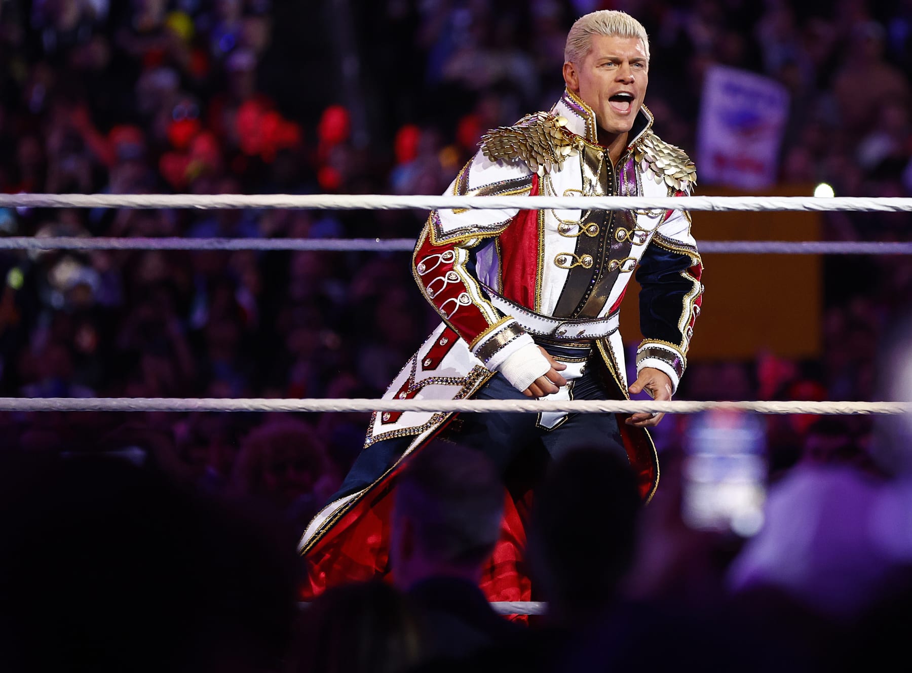 INGLEWOOD, CALIFORNIA - APRIL 02:  (L-R) Cody Rhodes wrestles Roman Reigns for Undisputed WWE Universal Title Match during WrestleMania Goes Hollywood at SoFi Stadium on April 02, 2023 in Inglewood, California.
 (Photo by Ronald Martinez/Getty Images)